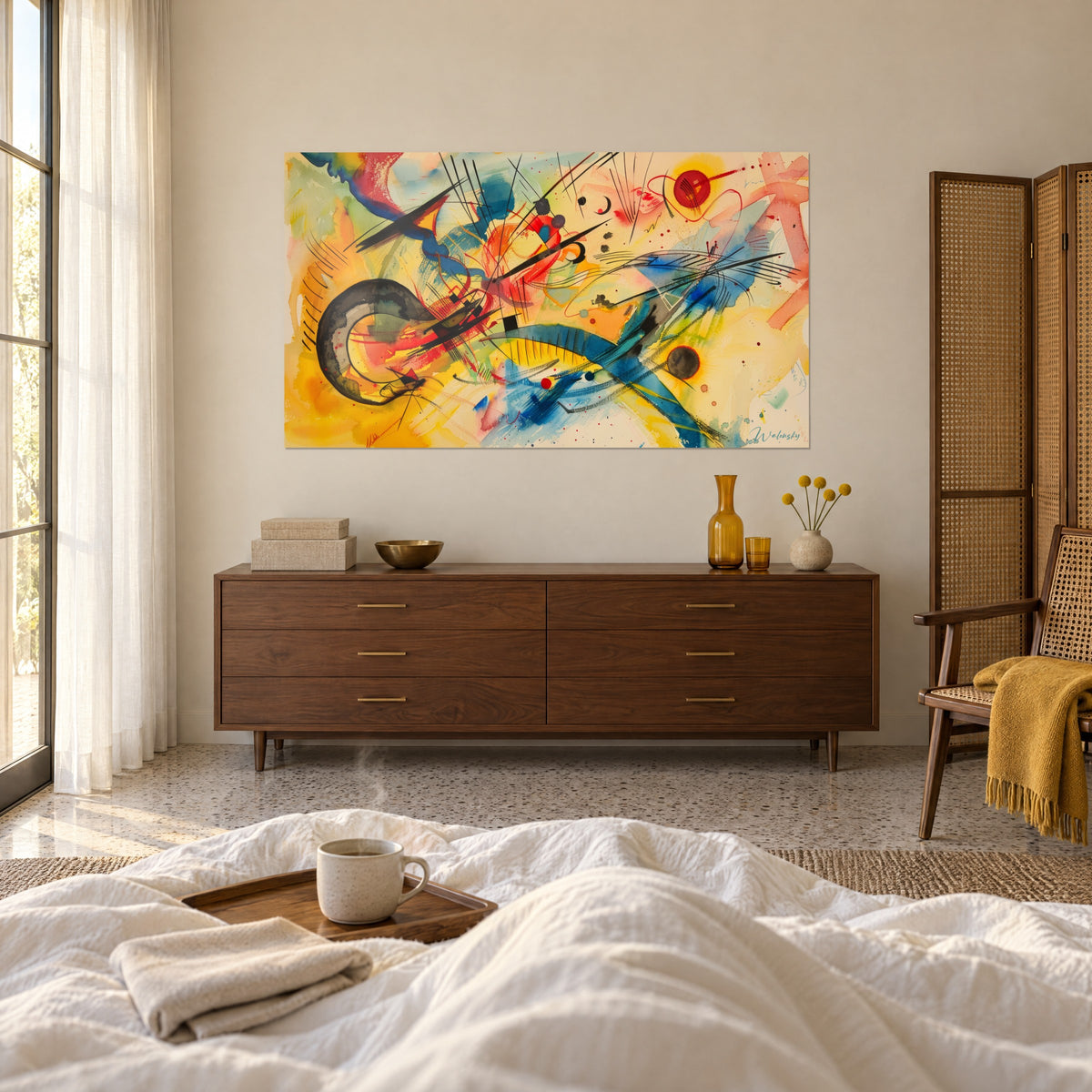 Schilderij wervelend gestisch werk, vlakken van saffraan en kobaltblauw, zwarte inktstrepen, boven een bed in een lichte slaapkamer
