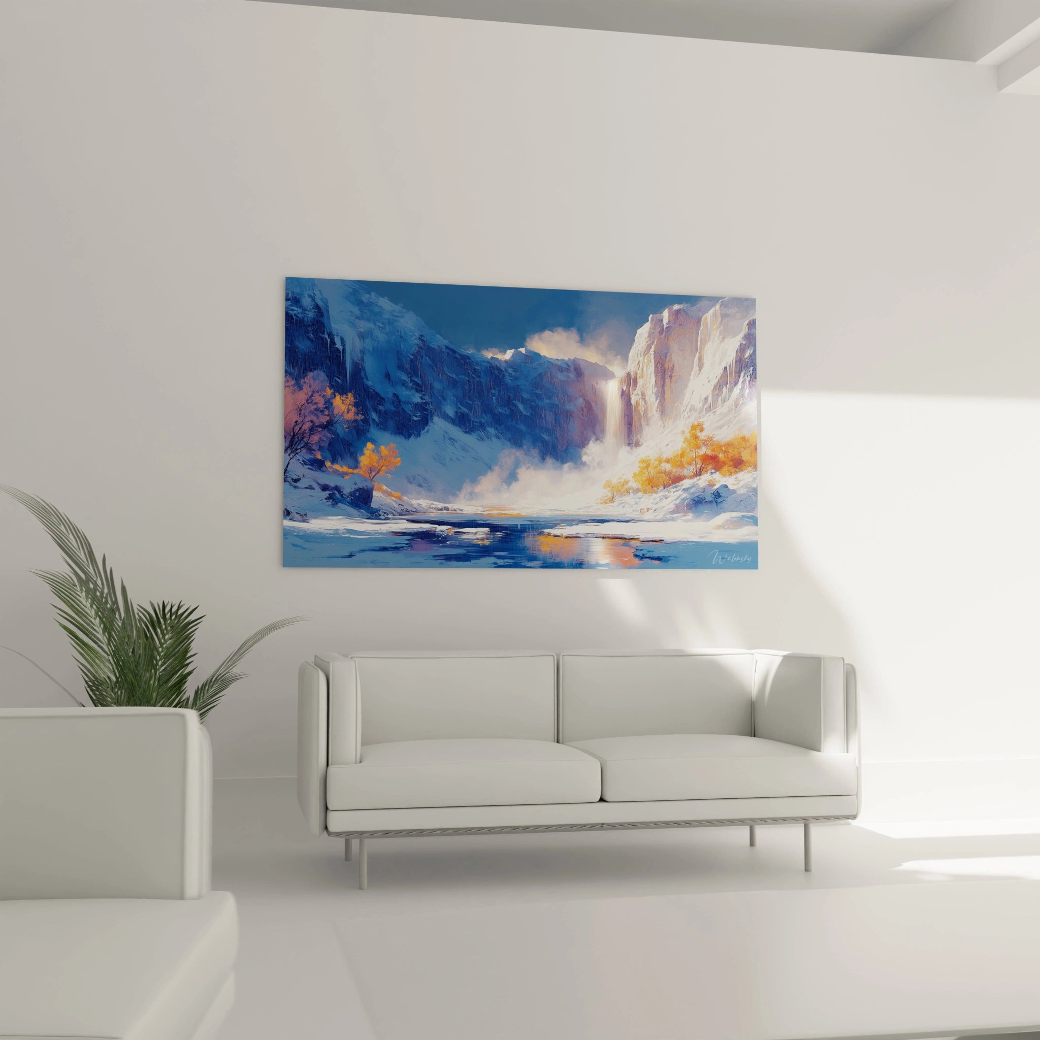 Un tableau représentant une cascade de montagne éclairée par le soleil levant, encadrée par des sommets enneigés aux tons bleutés, des arbres automnaux orangés et un bassin réfléchissant créant des effets de miroir avec les couleurs dominantes bleu, orange et blanc.