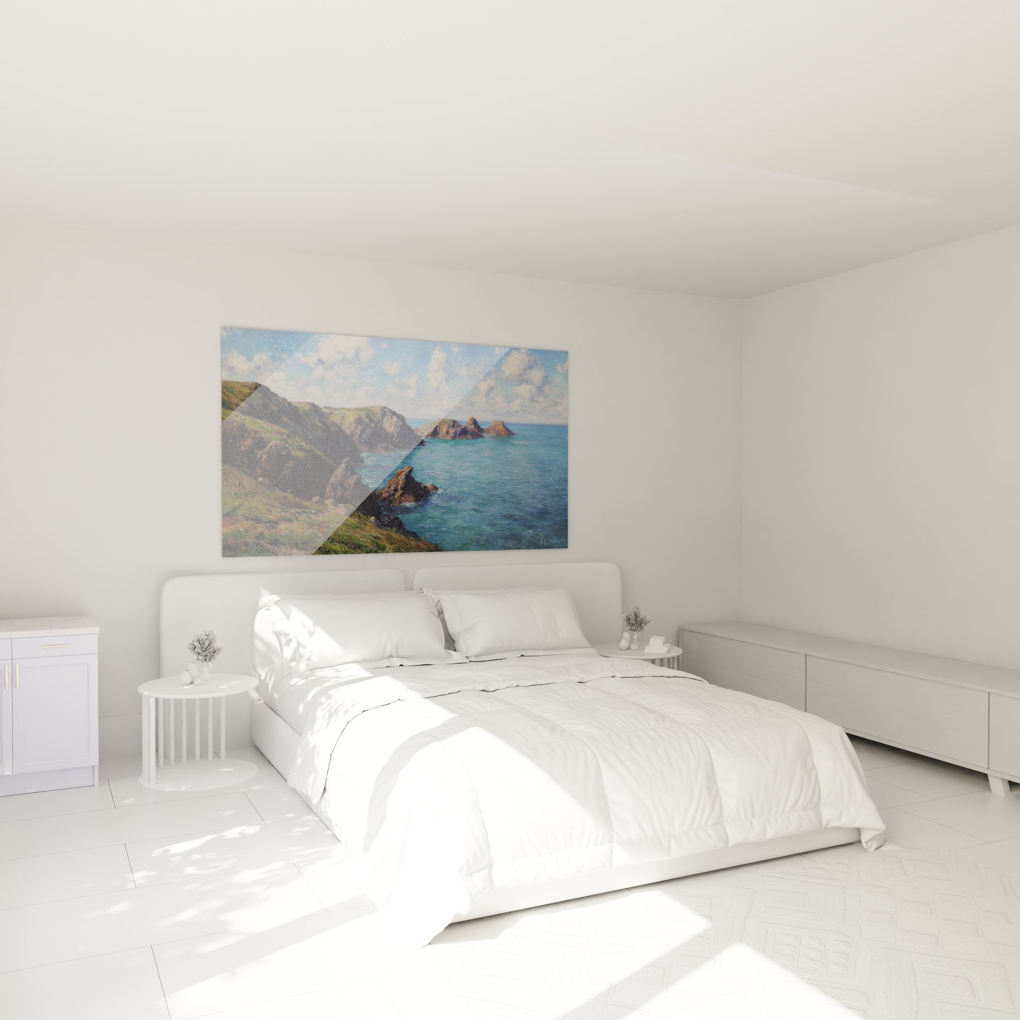 Ambiance chambre avec tableau falaises océan, décoration murale bord de mer apaisante
