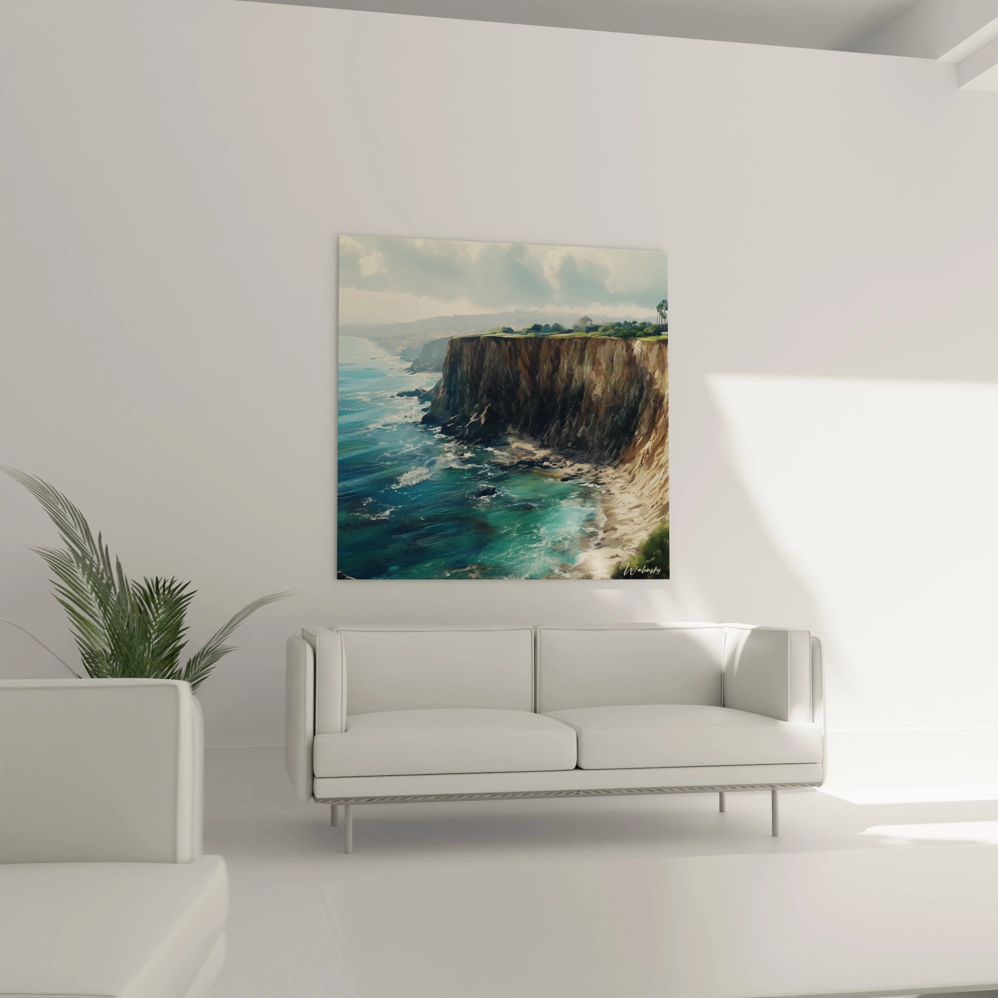 Un tableau plage paradisiaque montrant de majestueuses falaises aux teintes brunes et beiges surplombant une eau cristalline turquoise. La composition joue sur le contraste entre la verticalité des falaises et l'horizontalité de l'océan, sous un ciel aux nuages blancs diffus.