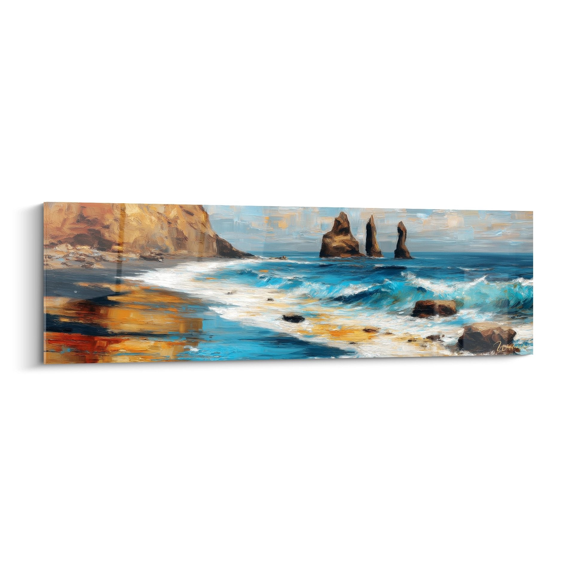 Tableau mural falaises océaniques dorées avec rochers noirs et vagues turquoise - art décoratif côte sauvage