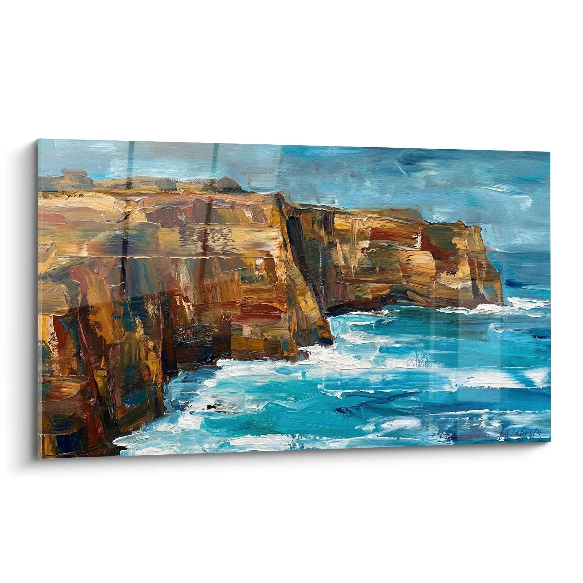 Tableau falaises ocres mer turquoise peinture couteau paysage côtier Bali