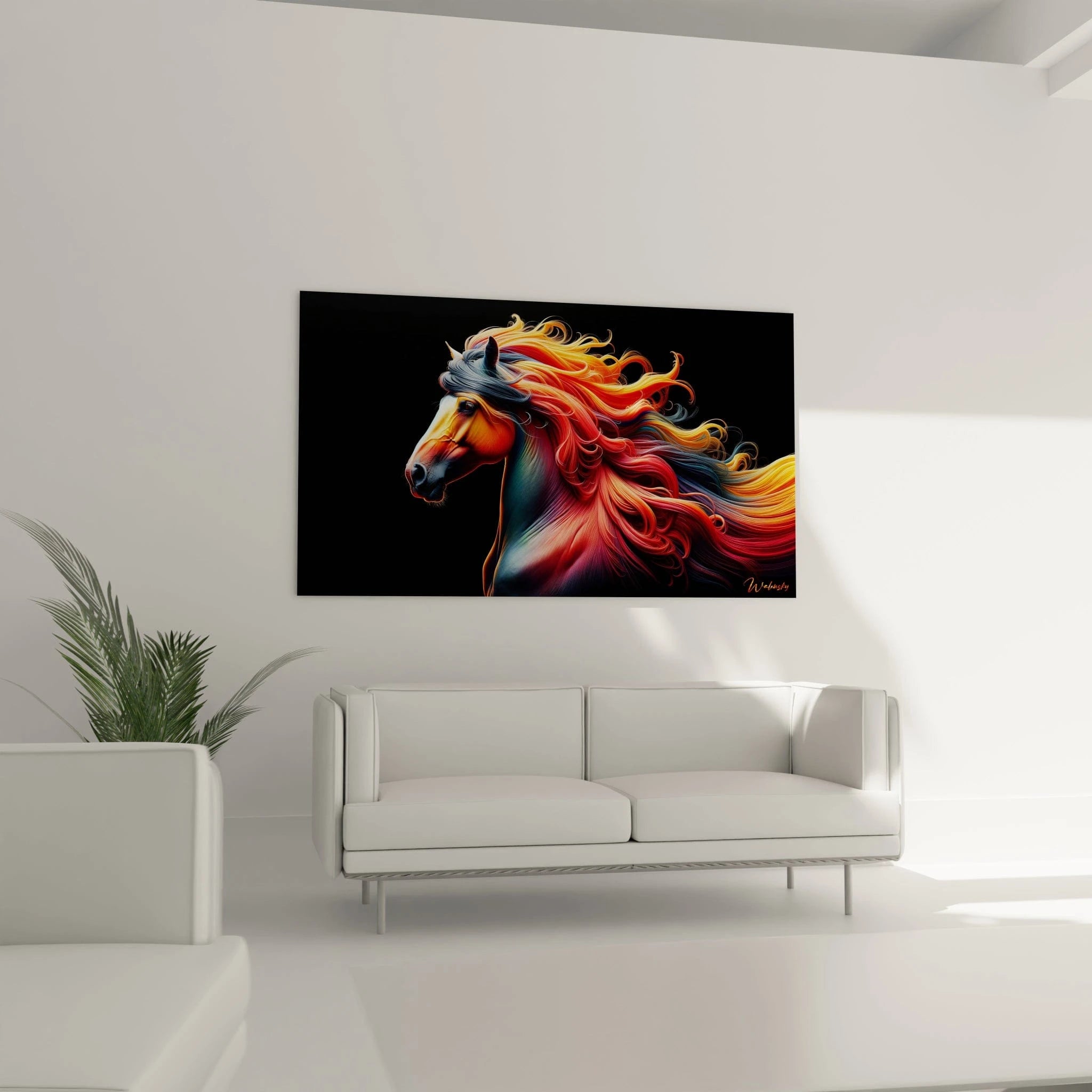 Un tableau d'animal montrant un cheval stylisé aux couleurs éclatantes où dominent les tons chauds pour la crinière volumineuse et des teintes plus froides pour certaines parties du corps. La texture lisse du pelage contraste avec les mèches ondulées et aériennes de la crinière qui semblent flotter sur fond noir.