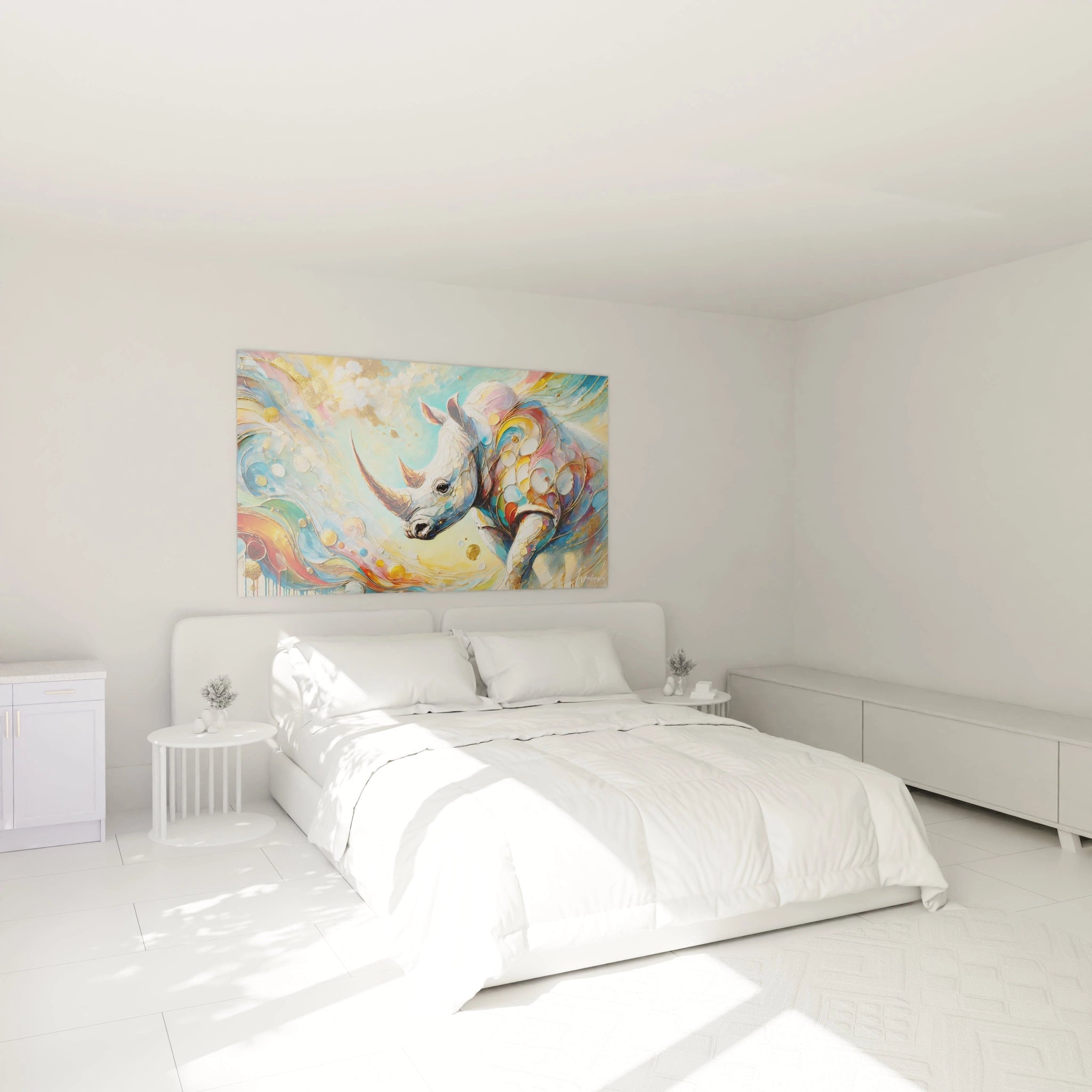 Ce tableau rhinoceros transforme votre chambre en un sanctuaire artistique. Accroché au-dessus du lit, il apporte couleur et énergie à votre espace de repos.