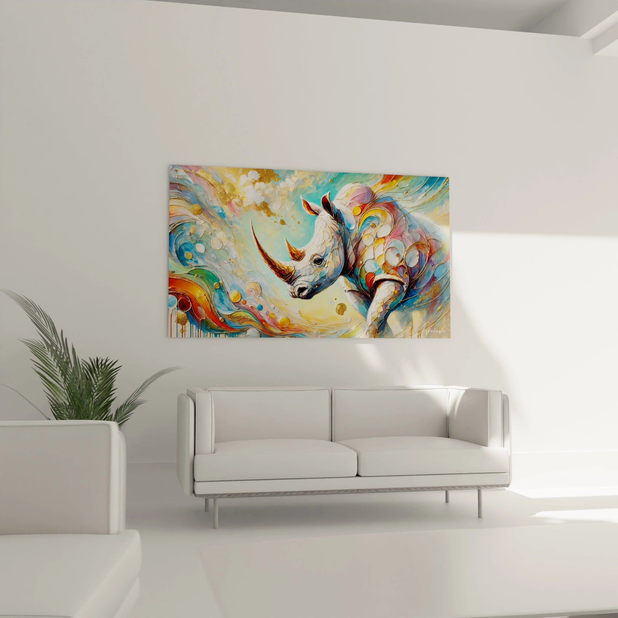 Le tableau rhinoceros embellit votre salon. Accroché au-dessus du canapé, il attire tous les regards avec ses nuances multicolores et son design audacieux.