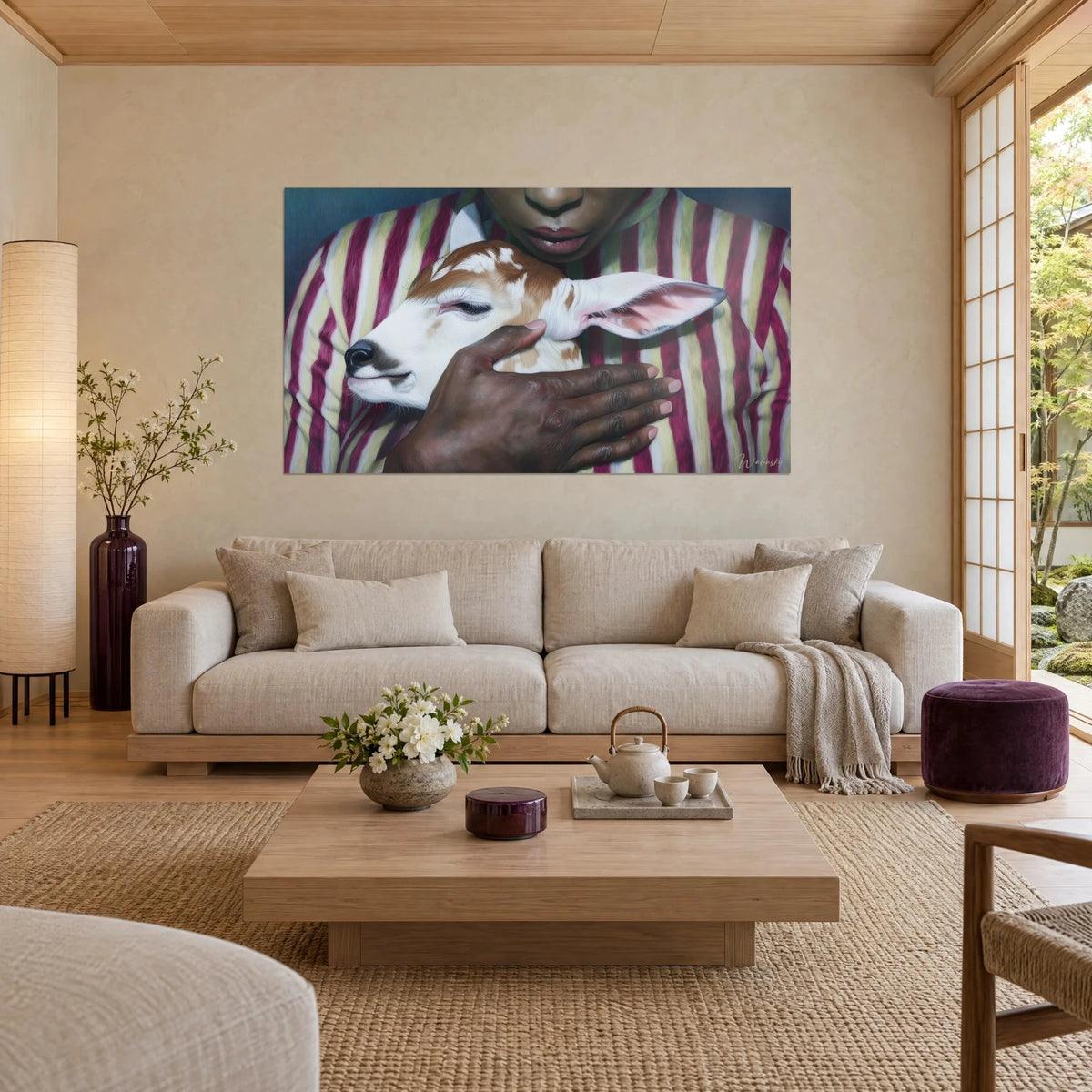 Wall art of a white and russet fawn nestled beneath a brown hand, burgundy and yellow striped shirt, above a sofa in a bright living room