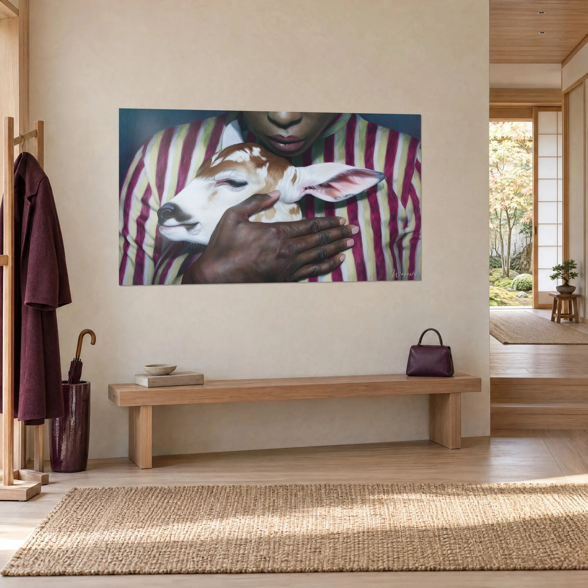 Wall art of a calf with large pink ears, black muzzle held by a hand, purple and cream stripes, in a light wood japandi hallway