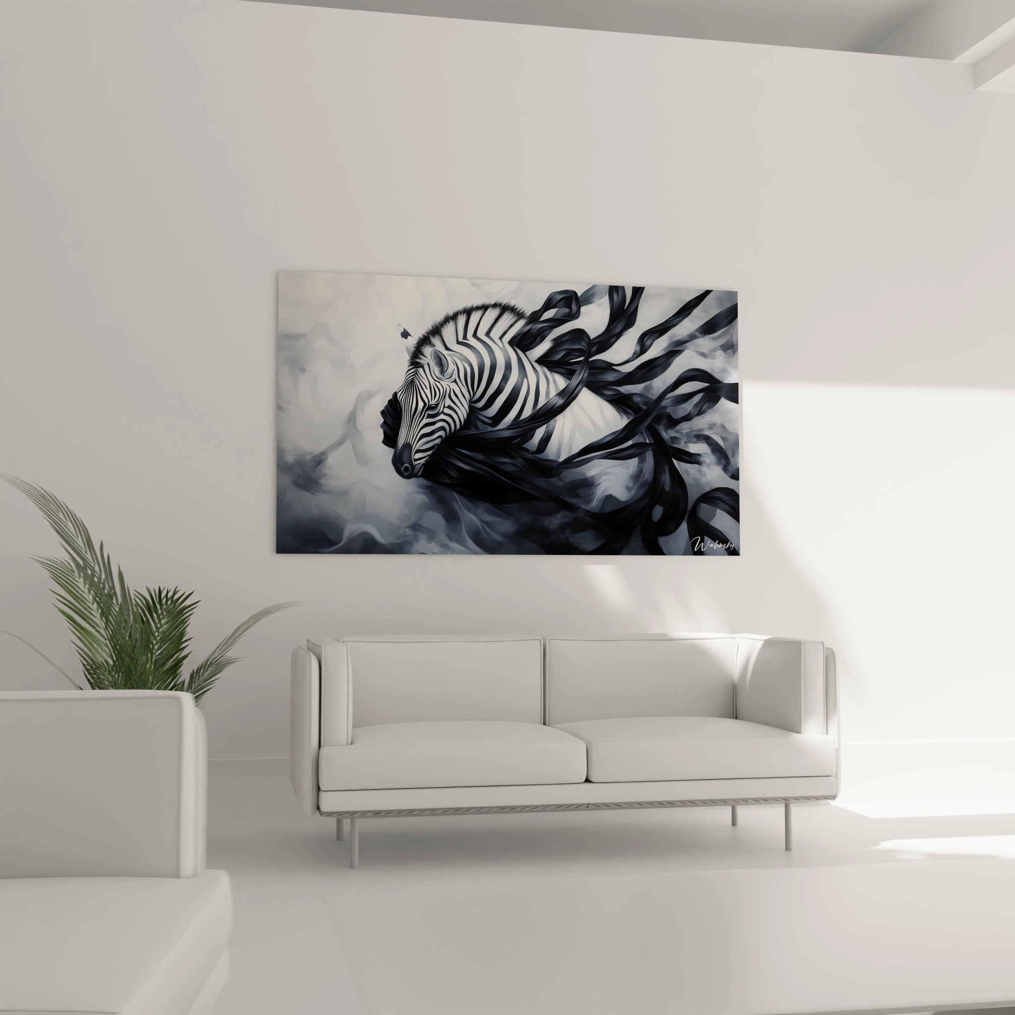Composition d’un tableau surréalisme abstrait avec un zèbre stylisé en noir et blanc, entouré de rubans mouvants sur un fond dégradé entre gris clair et blanc éclatant.
