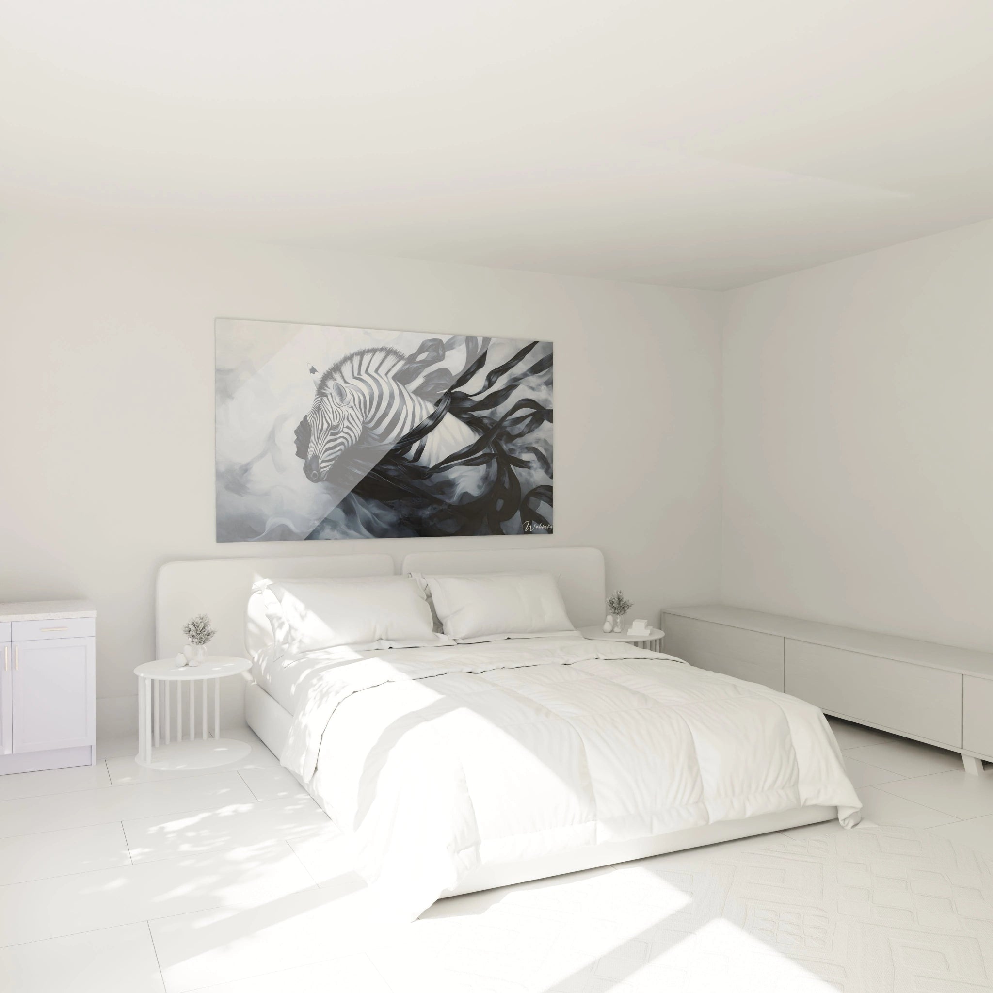 Détail d’un tableau surréalisme abstrait montrant un zèbre immobile, ses rayures contrastant avec des rubans sombres dynamiques et un fond texturé aux nuances de gris.