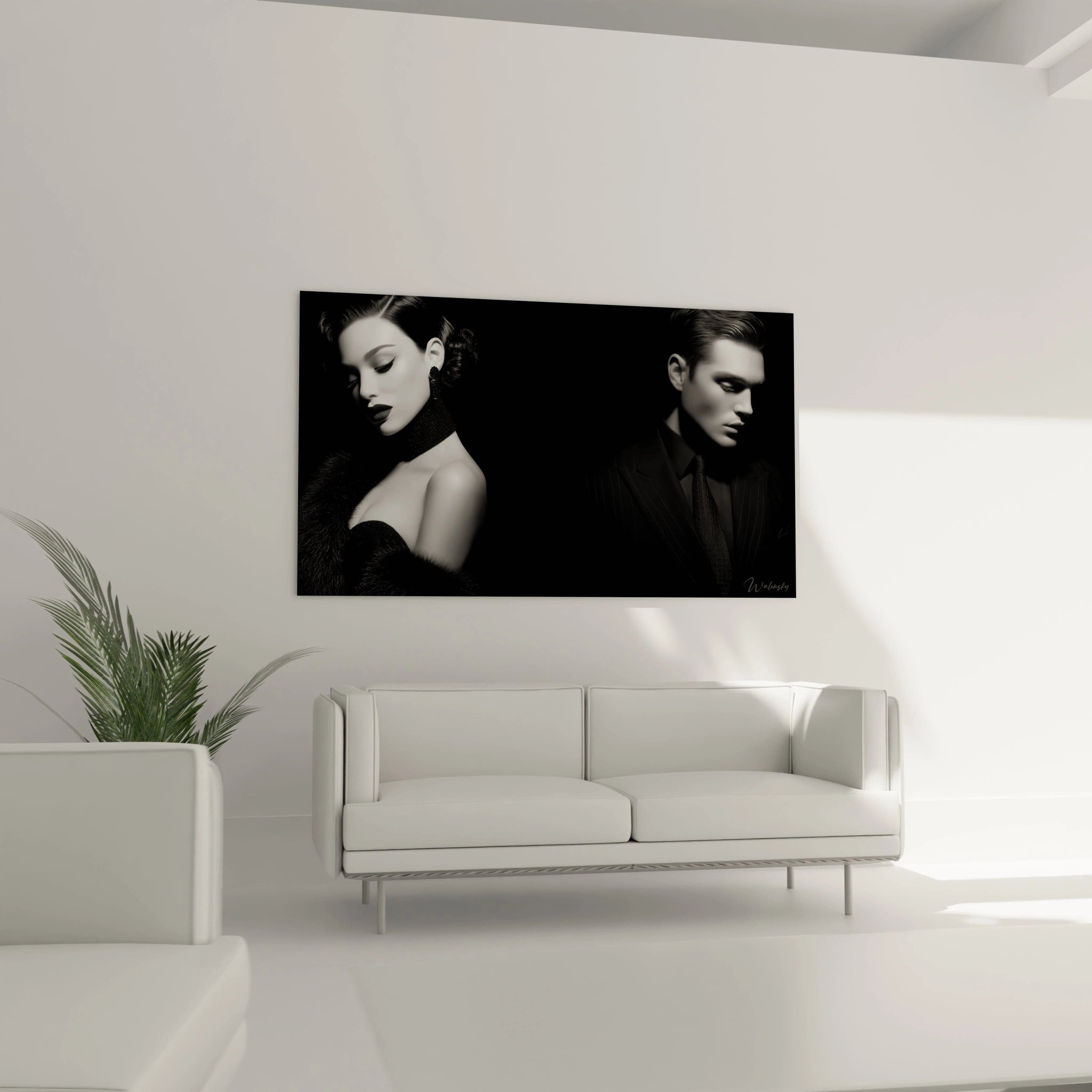 Tableau mode noir et blanc de deux modèles élégants sur un mur moderne dans un salon minimaliste