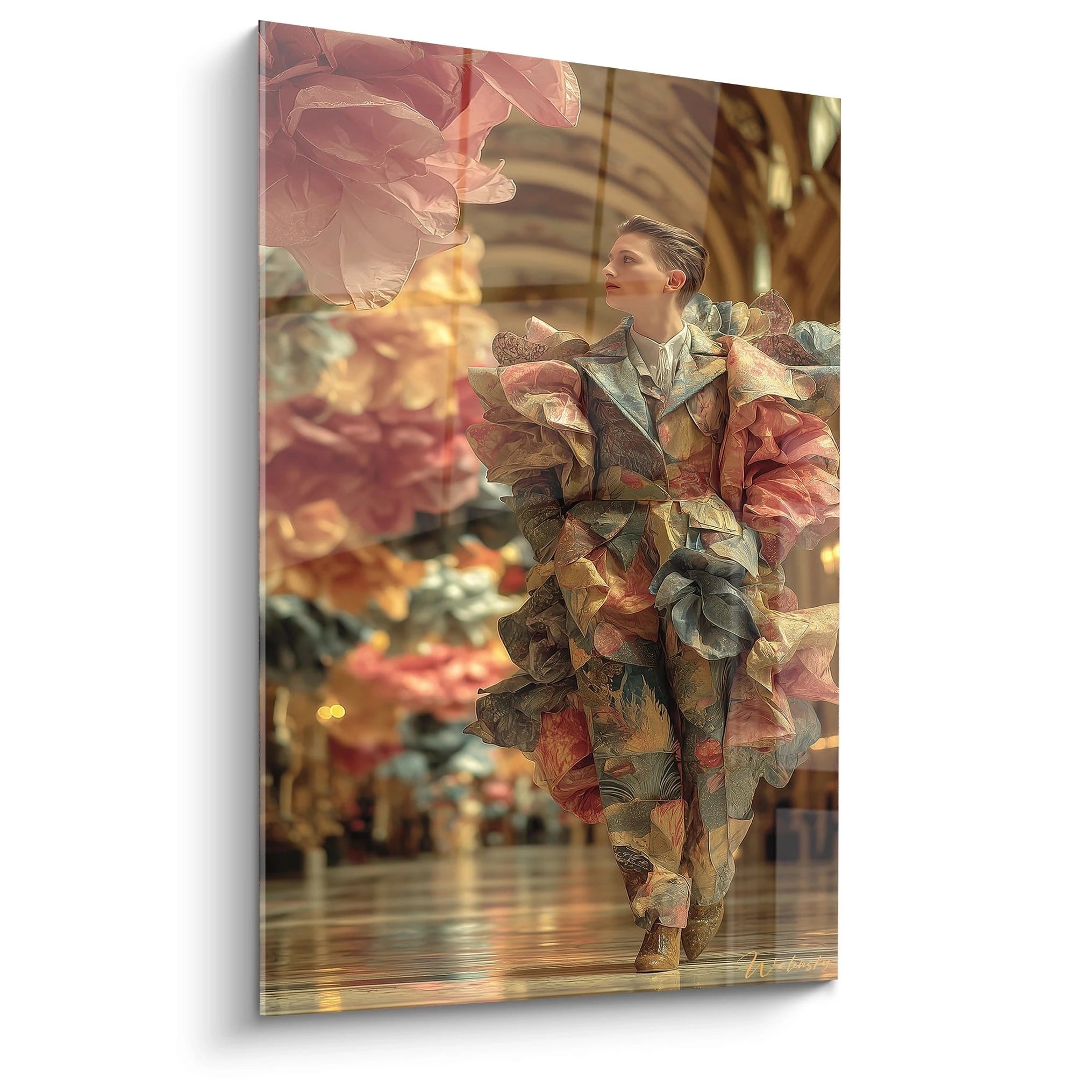 Tableau mural floral haut de gamme avec une mannequin portant une robe artistique dans un décor élégant