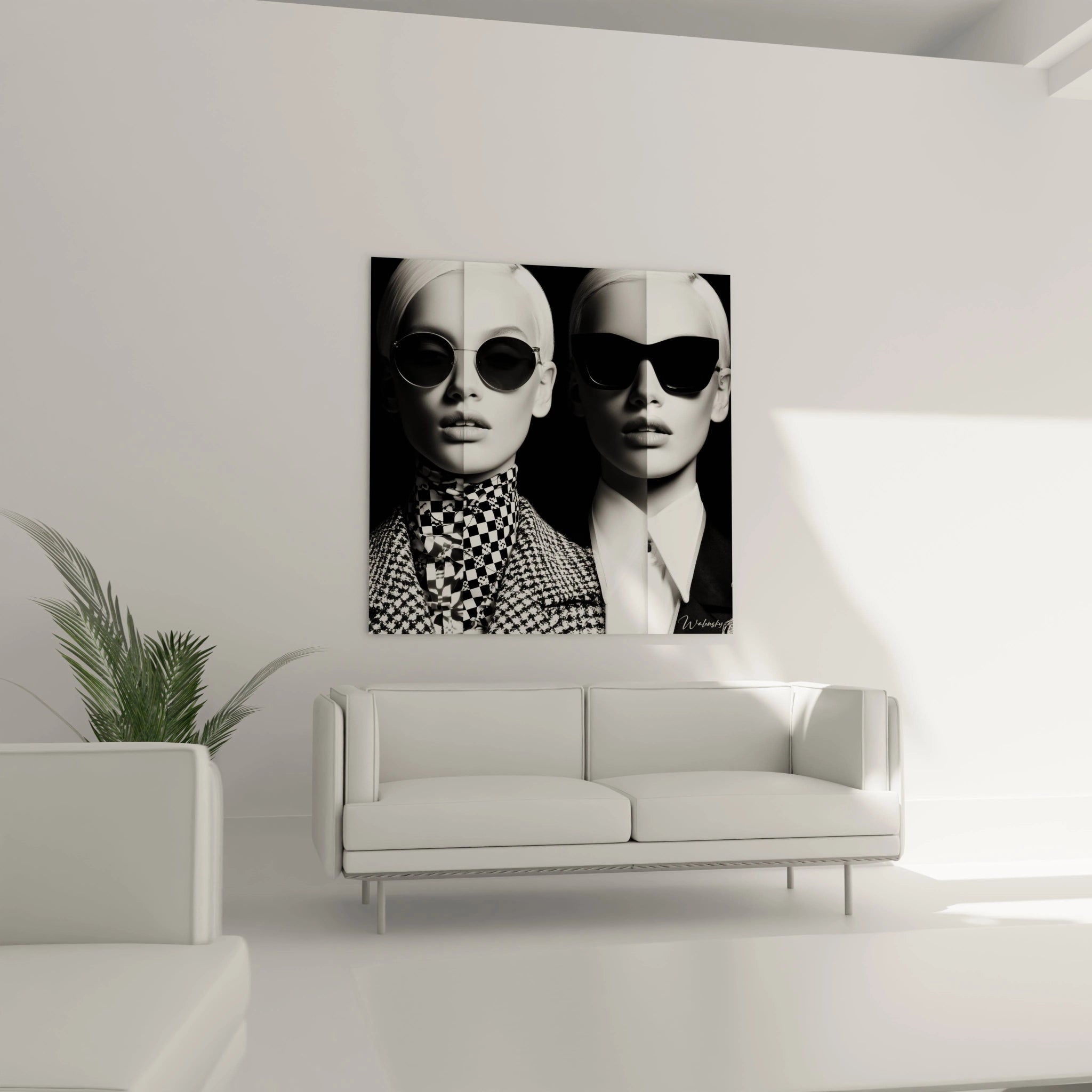 Tableau mode noir et blanc représentant deux mannequins avec lunettes sur un mur moderne