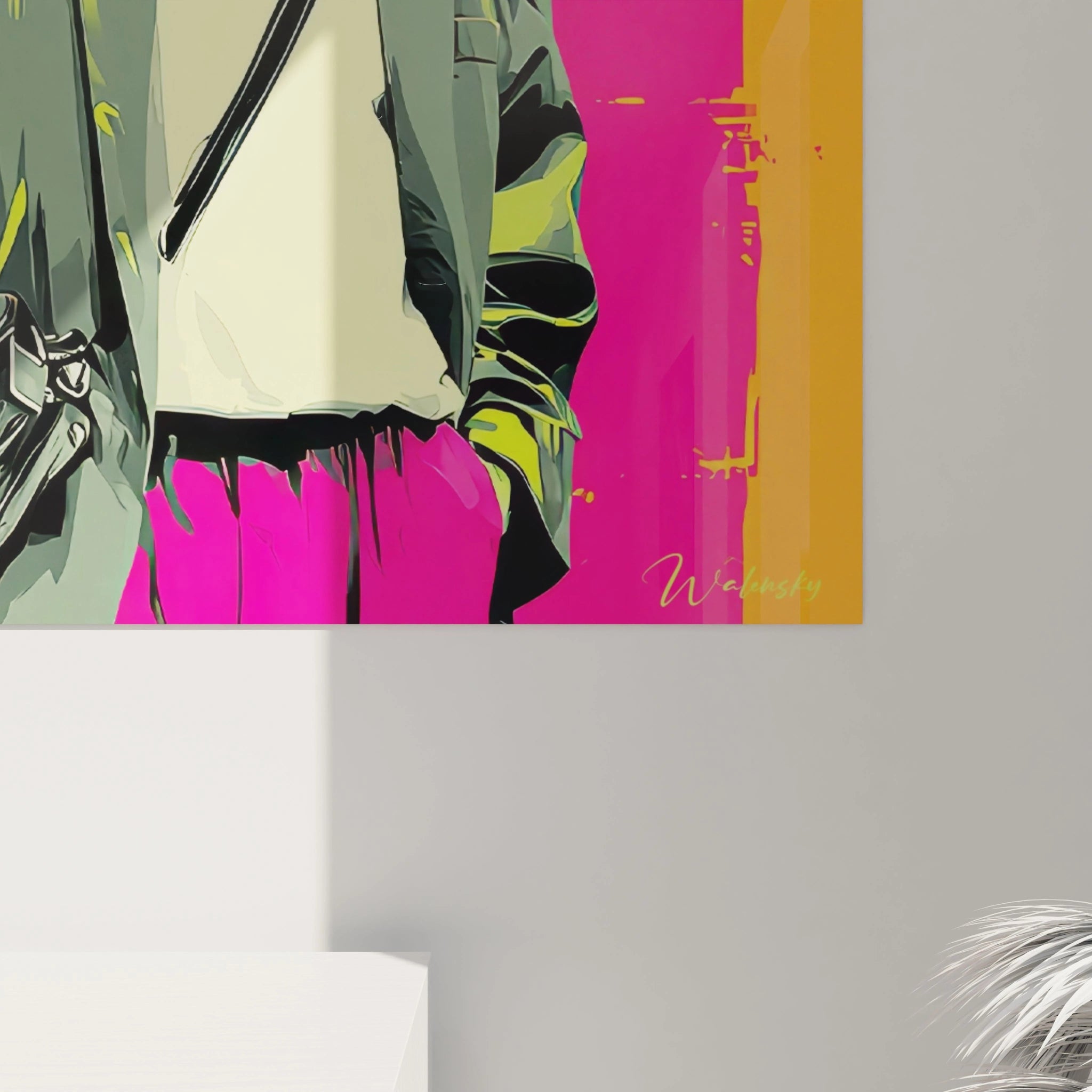 Tableau mode vintage urbain de Walensky présentant un personnage avec un sac sur un fond coloré