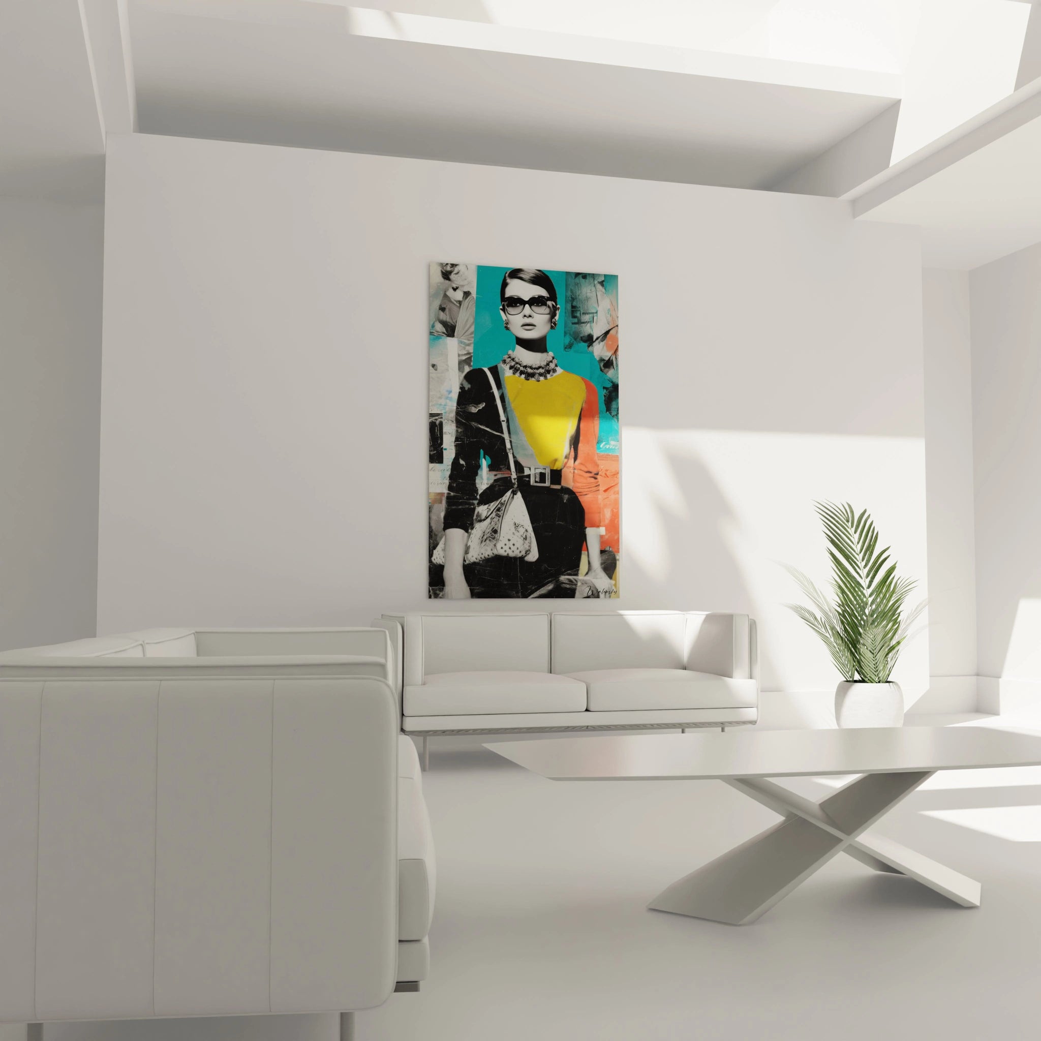 Tableau mural portrait fashion pop art de Walensky accroché dans un salon moderne