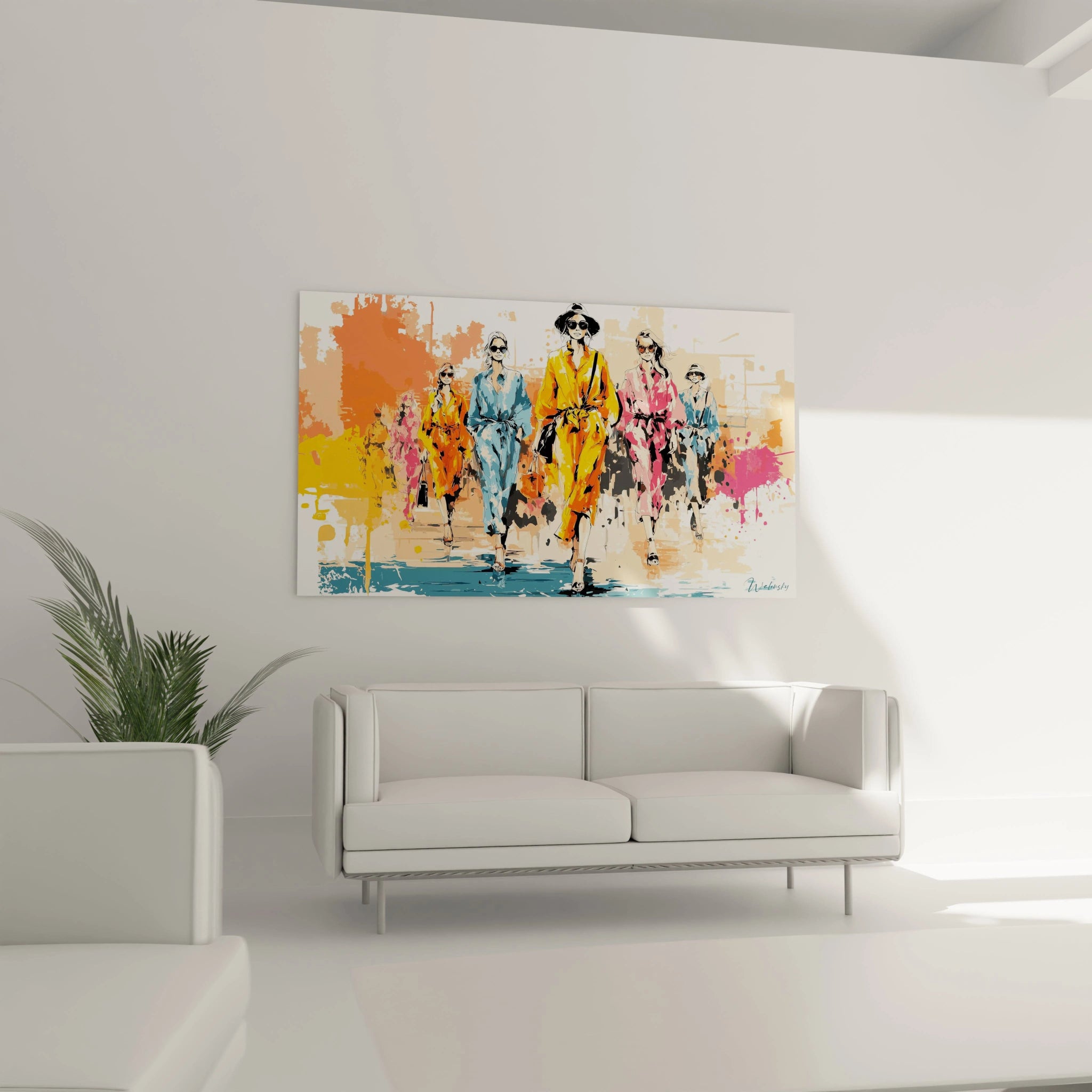 Tableau illustration mode par Walensky avec des silhouettes de mannequins colorés sur fond clair