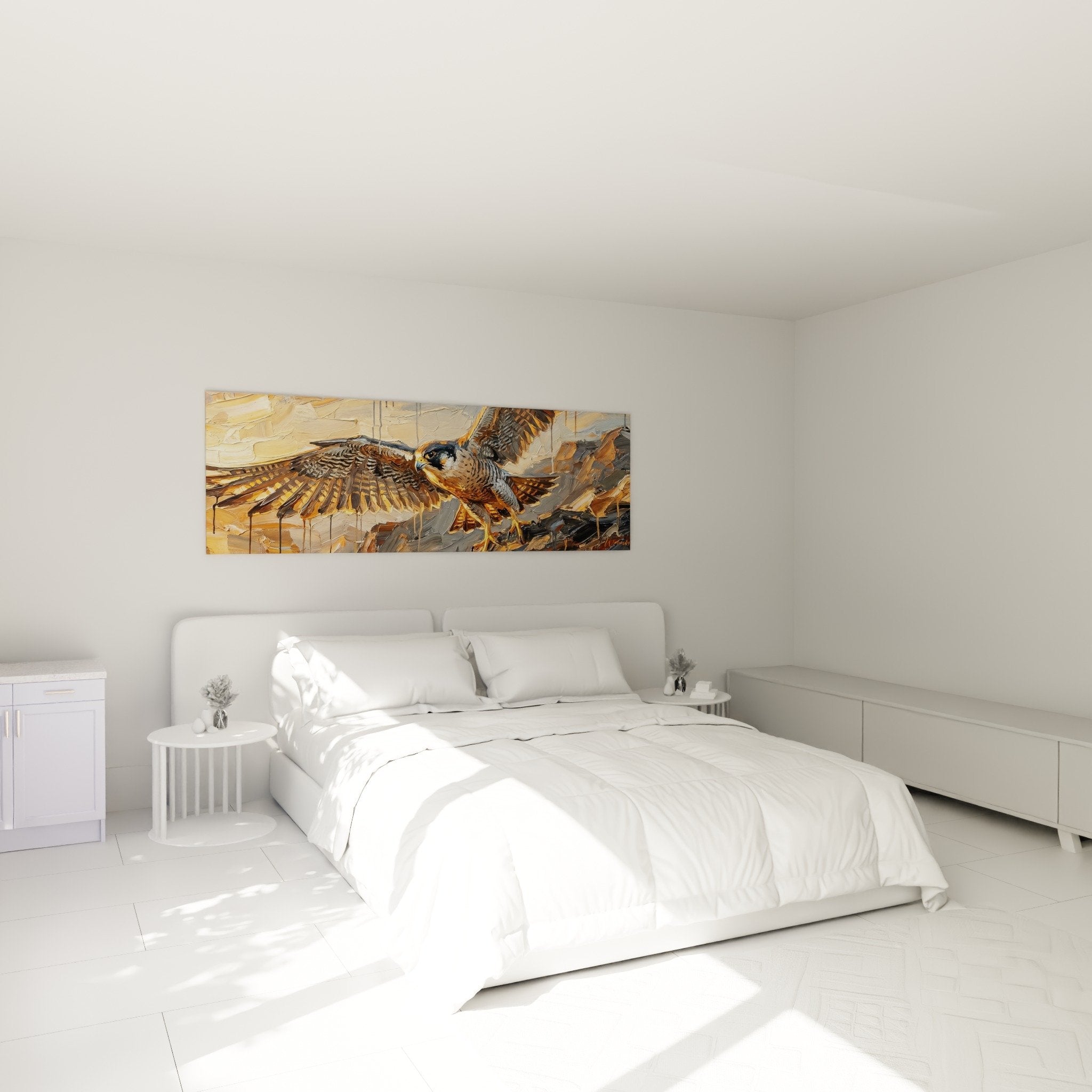 Tableau faucon tons chauds dans chambre mur blanc decoration murale art animalier apaisant