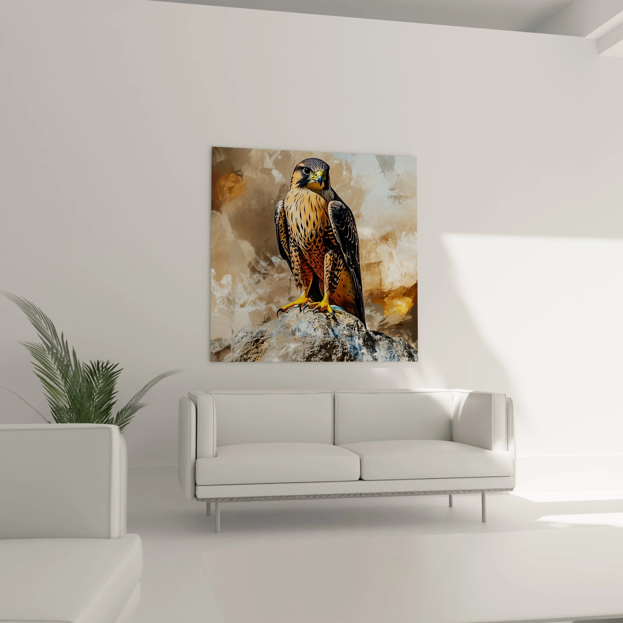 Tableau oiseau Walensky représentant un faucon coloré posé sur un rocher dans un salon moderne blanc