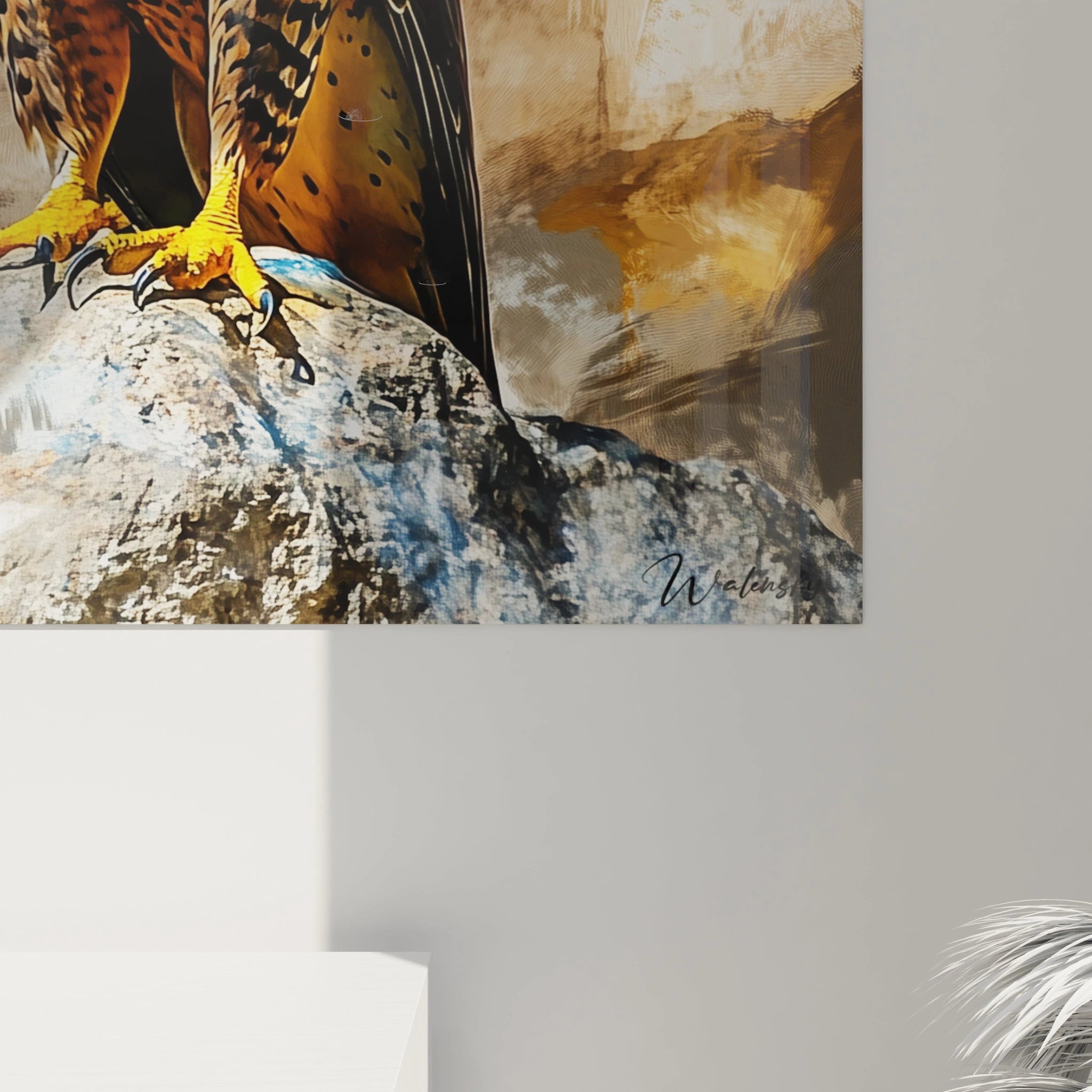 Tableau oiseau Walensky avec pattes jaunes d'un rapace posé sur un rocher