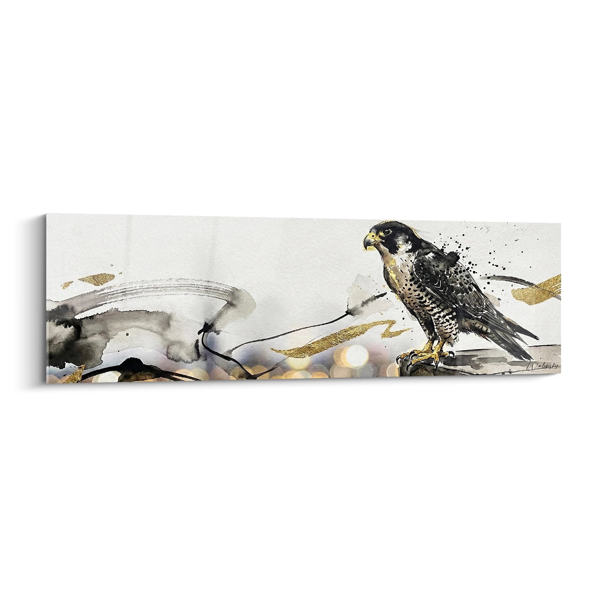 Tableau faucon pelerin perche aquarelle touches dorees plumage tachete regard percant art contemporain