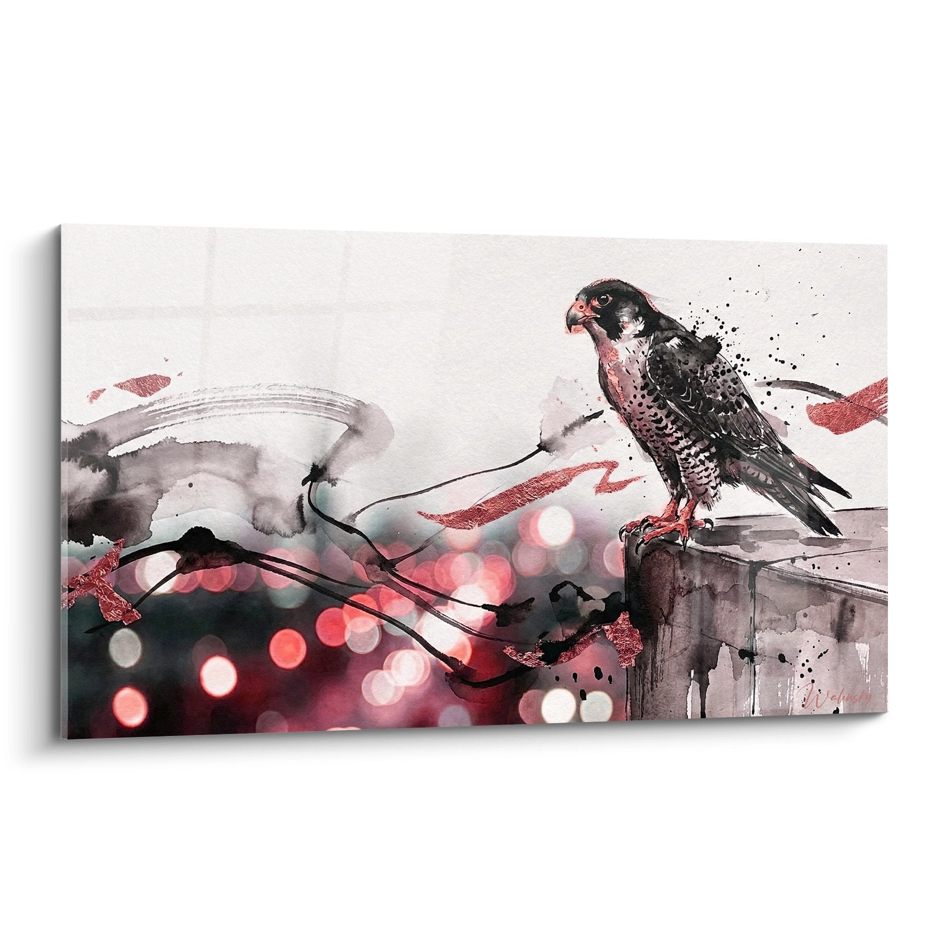 Tableau faucon perche aquarelle tons roses noirs effets bokeh style moderne rapace majestueux