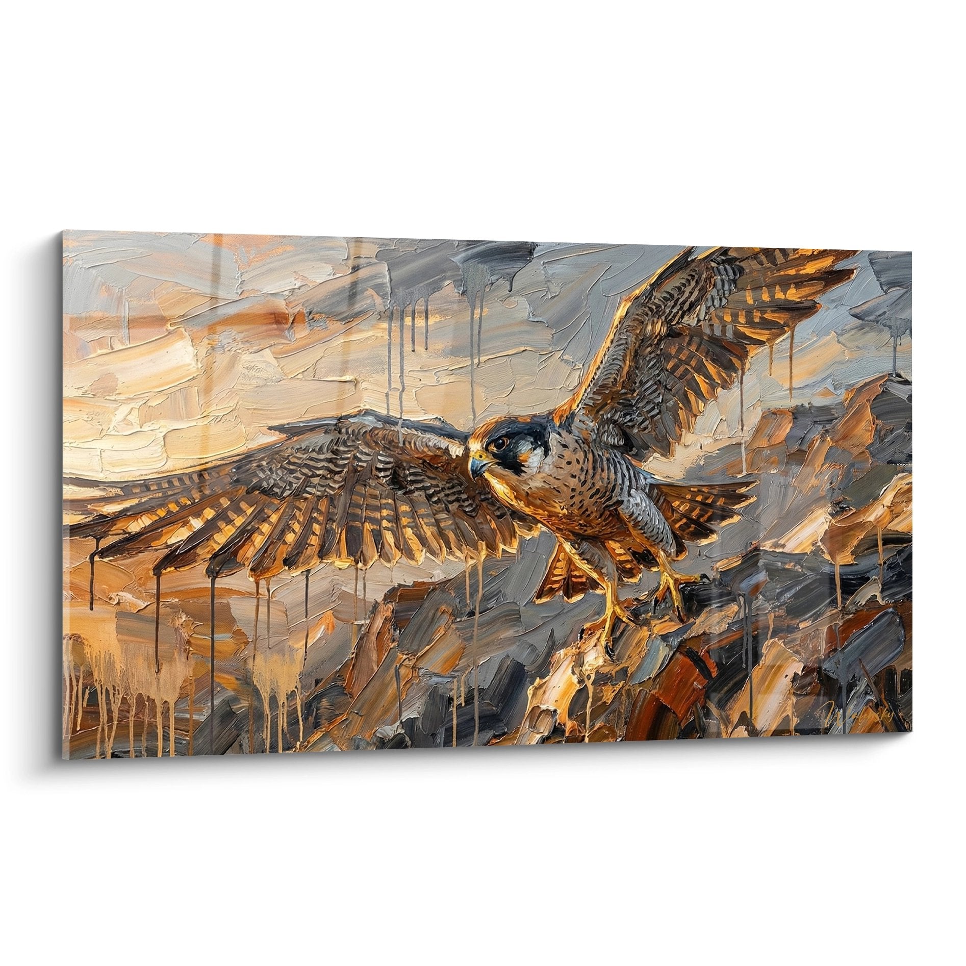 Tableau faucon aux ailes deployees survolant paysage rocheux tons ocre orange edition faucon