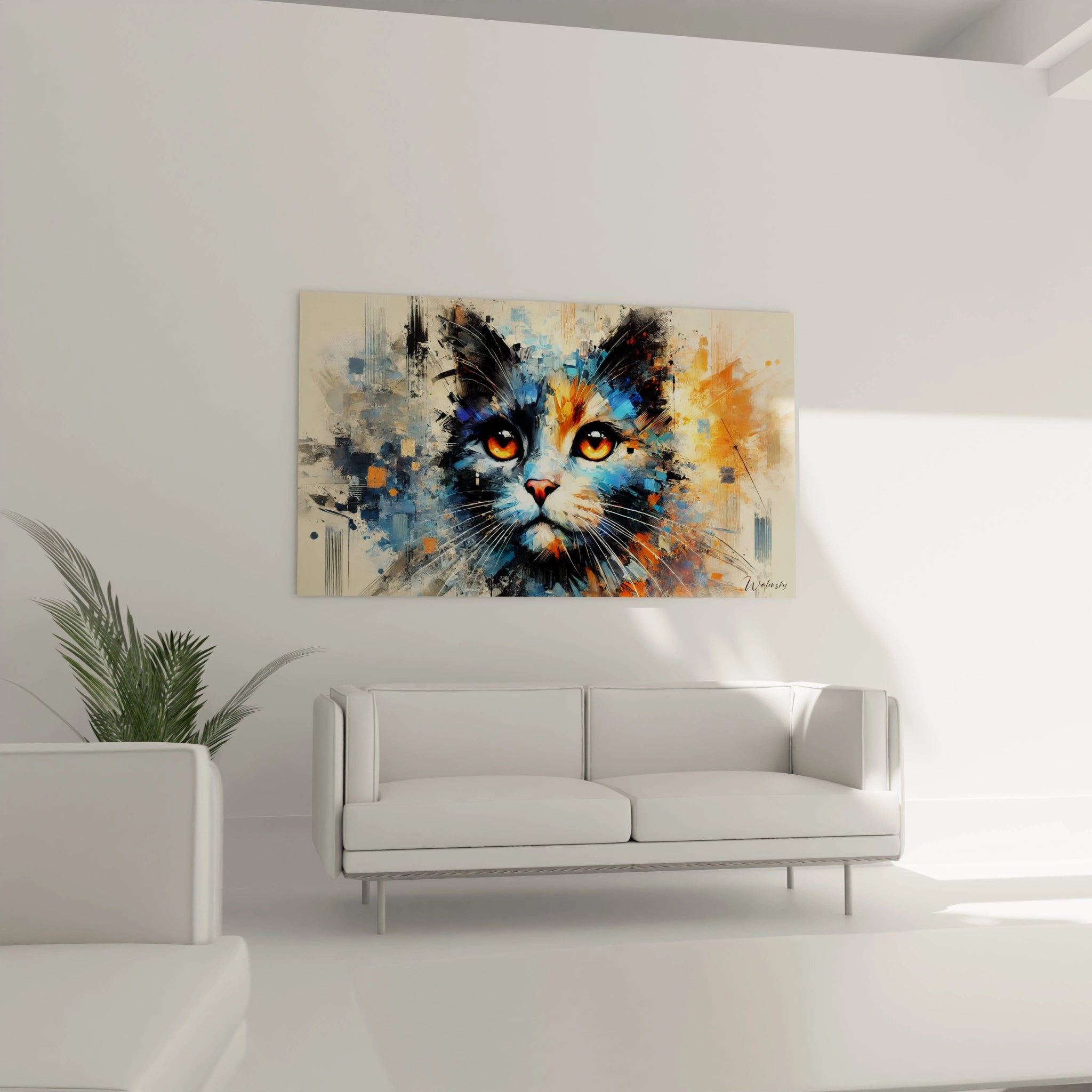 Ce tableau chat accroché au-dessus du canapé offre une profondeur artistique unique. Ses touches de bleu, d'orange et de noir dynamisent le salon tout en apportant une touche contemporaine et abstraite.
