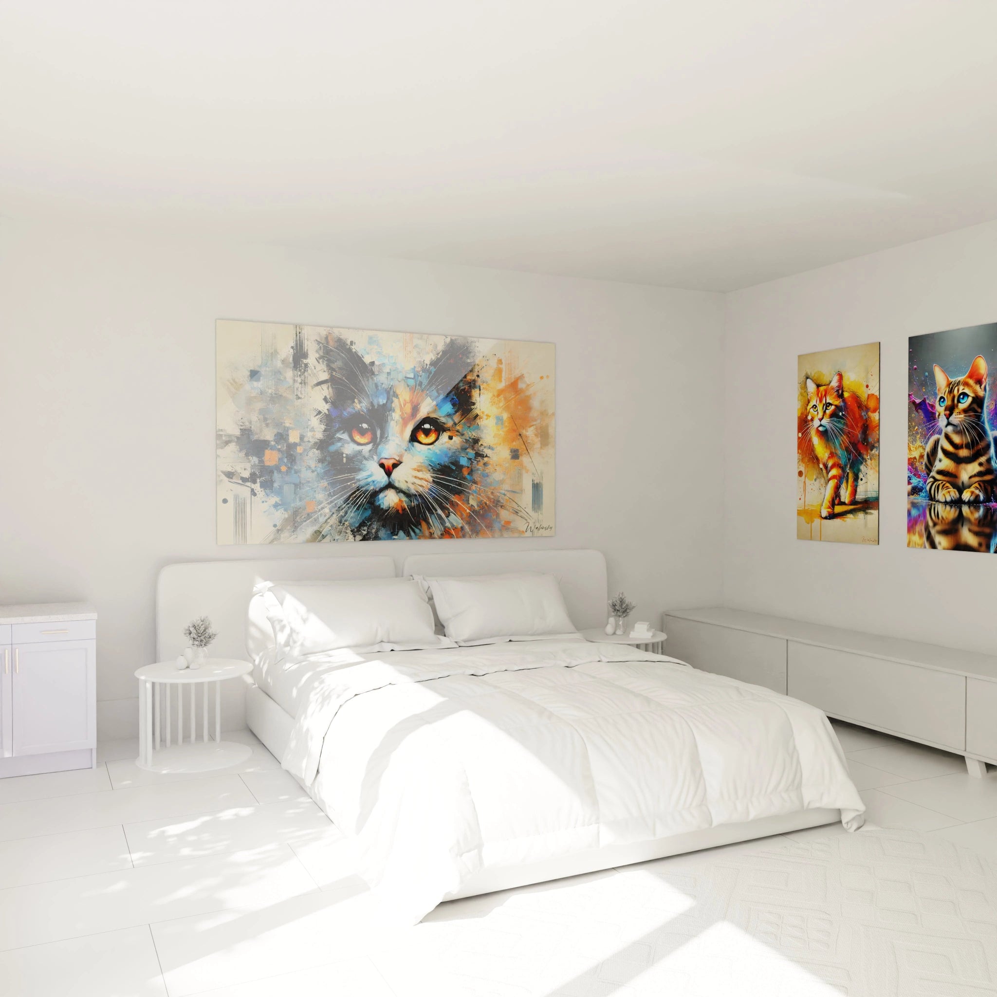 Sublimez votre chambre avec ce tableau chat accroché au-dessus du lit. Ses couleurs vives et son style abstrait créent une atmosphère chaleureuse et moderne, idéale pour un espace reposant.