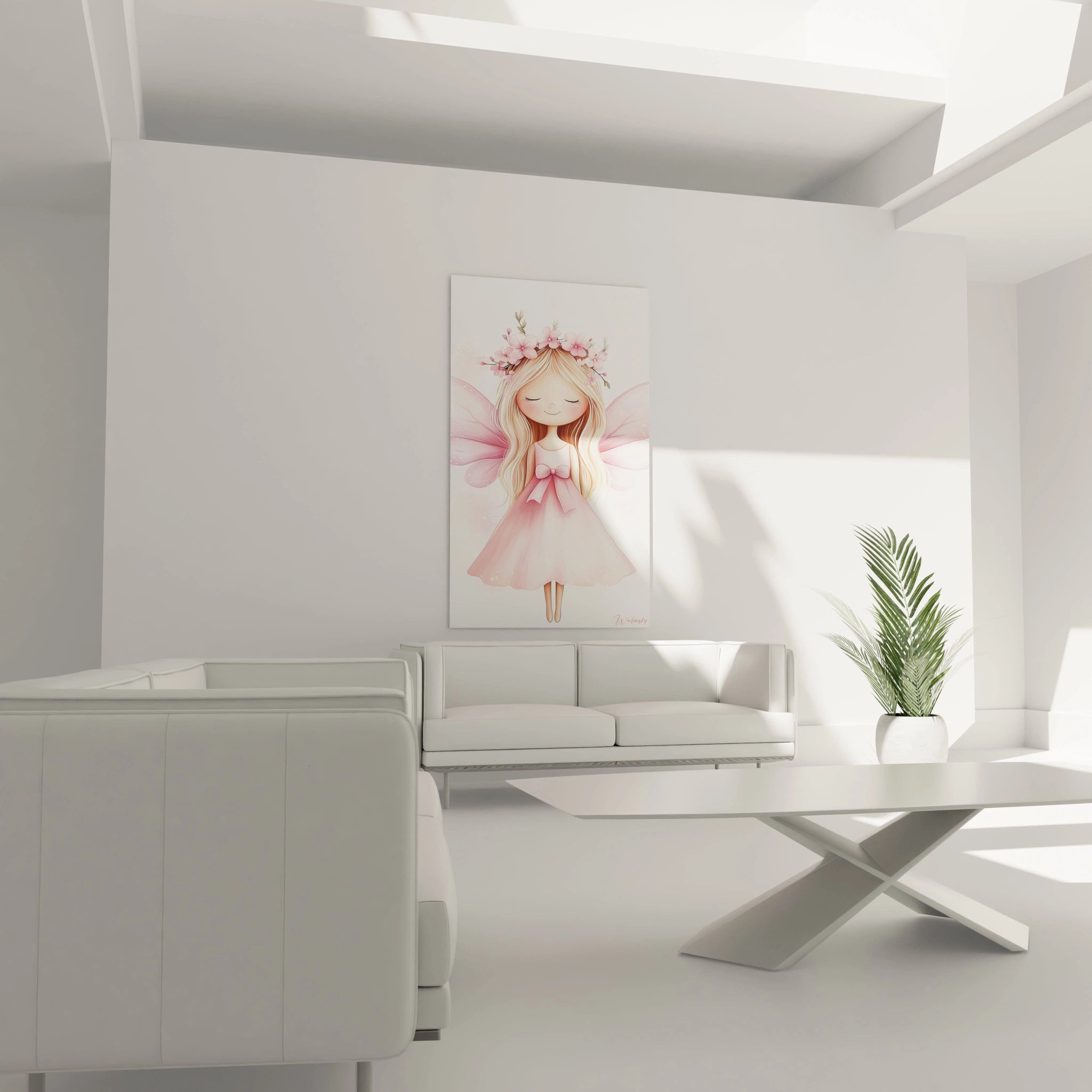 Une scène illustrée dans un tableau féérique pour enfant, où une silhouette féminine aux ailes rosées et aux longs cheveux dorés flotte sur un fond clair, avec des détails floraux et des nuances poudrées.