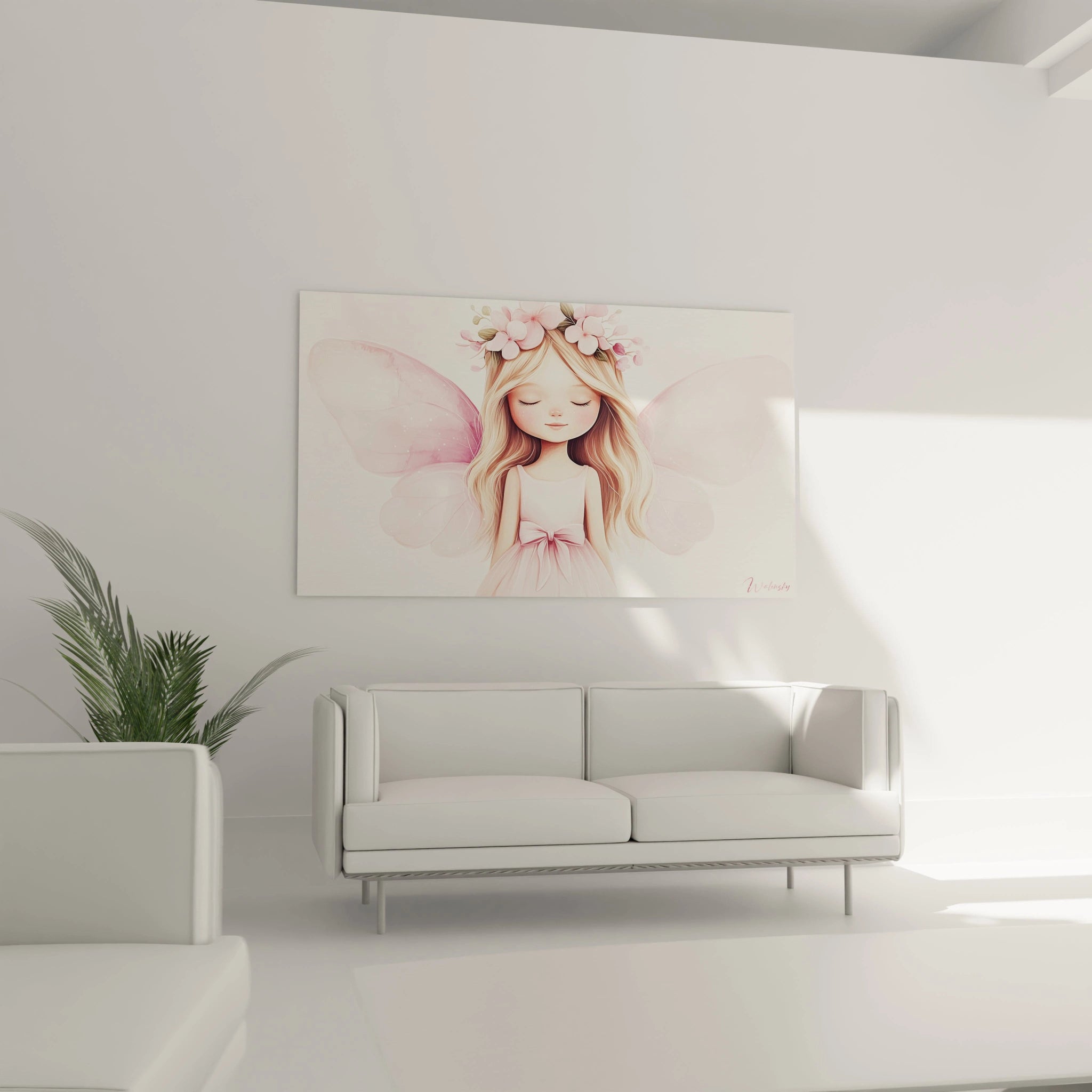 Un tableau féérique pour enfant mettant en scène un personnage féminin aux teintes pastel, aux ailes légèrement texturées et scintillantes, et un fond blanc avec des effets de dégradé légers.