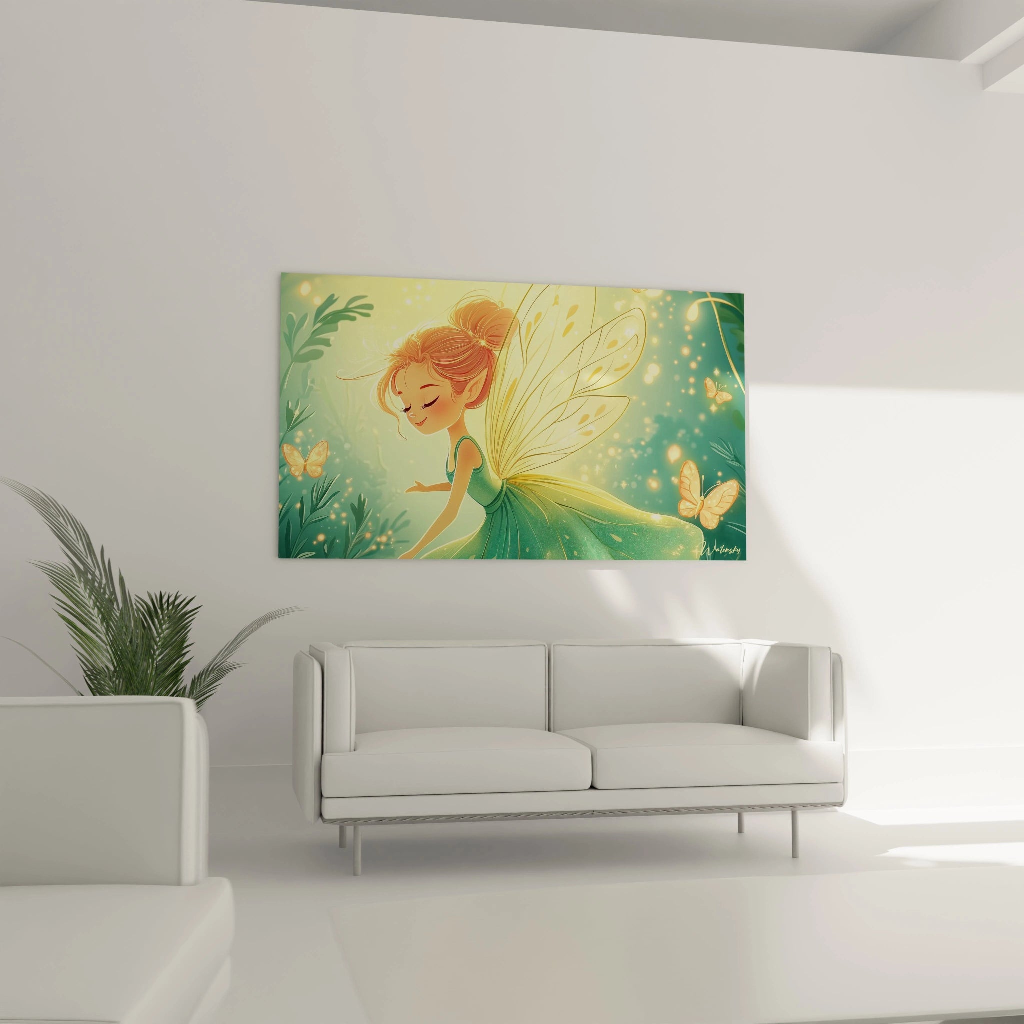 Un tableau féérique pour enfant mettant en scĂšne une figure fĂ©minine ailĂ©e aux cheveux bruns, vĂȘtue dâune robe fluide verte, entourĂ©e dâeffets lumineux dorĂ©s et de papillons orange sur fond vĂ©gĂ©tal.