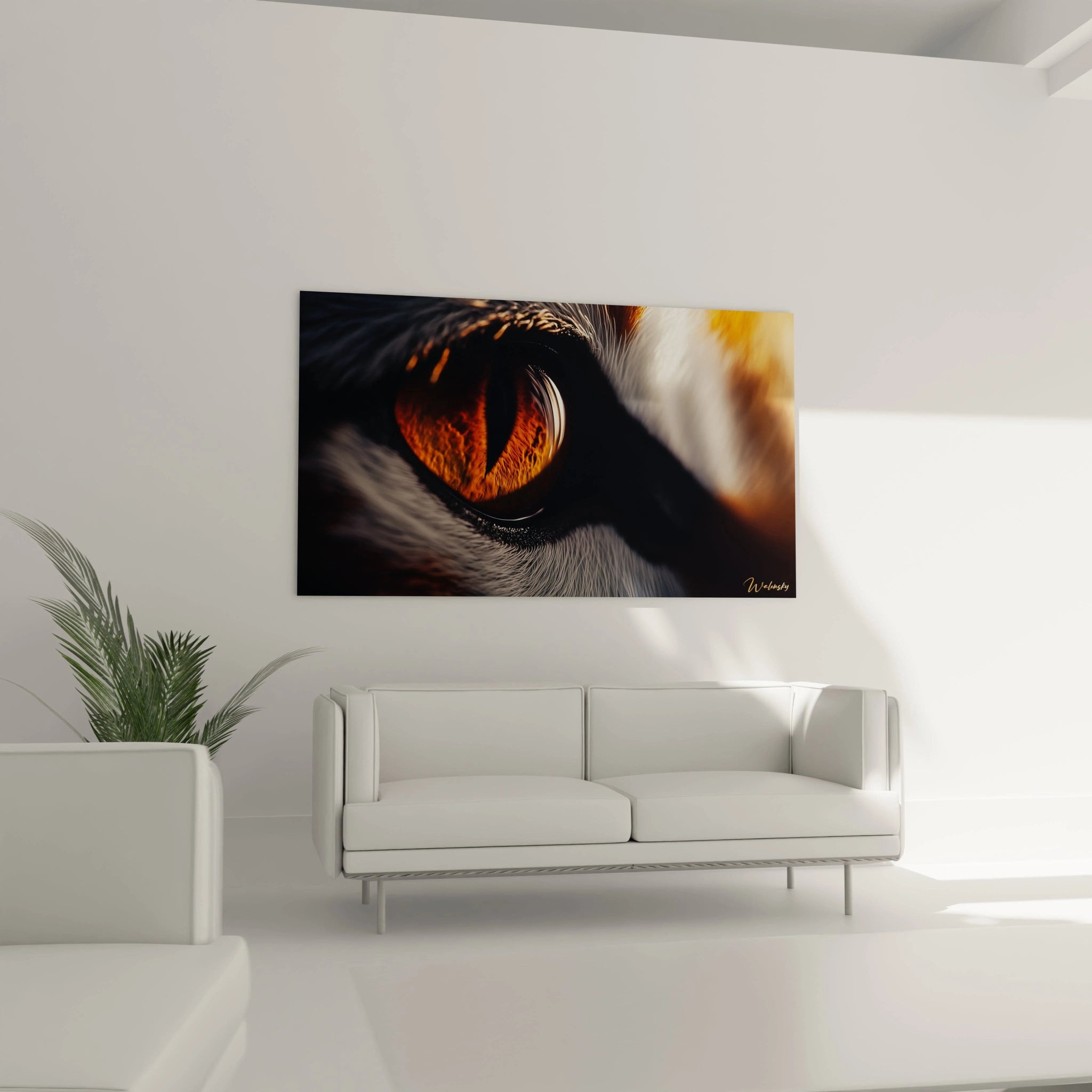 Tableau œil d'animal par Walensky décorant un salon moderne avec canapé blanc minimaliste