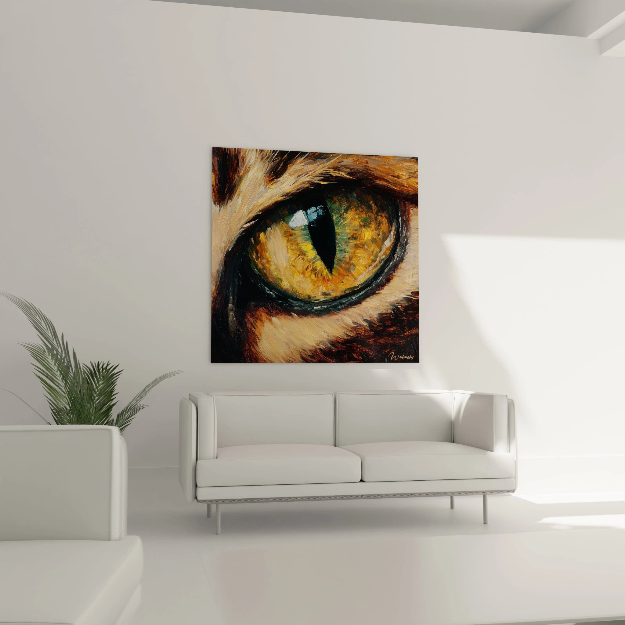 Tableau œil d'animal Walensky avec peinture détaillée aux couleurs chaudes dans un salon moderne