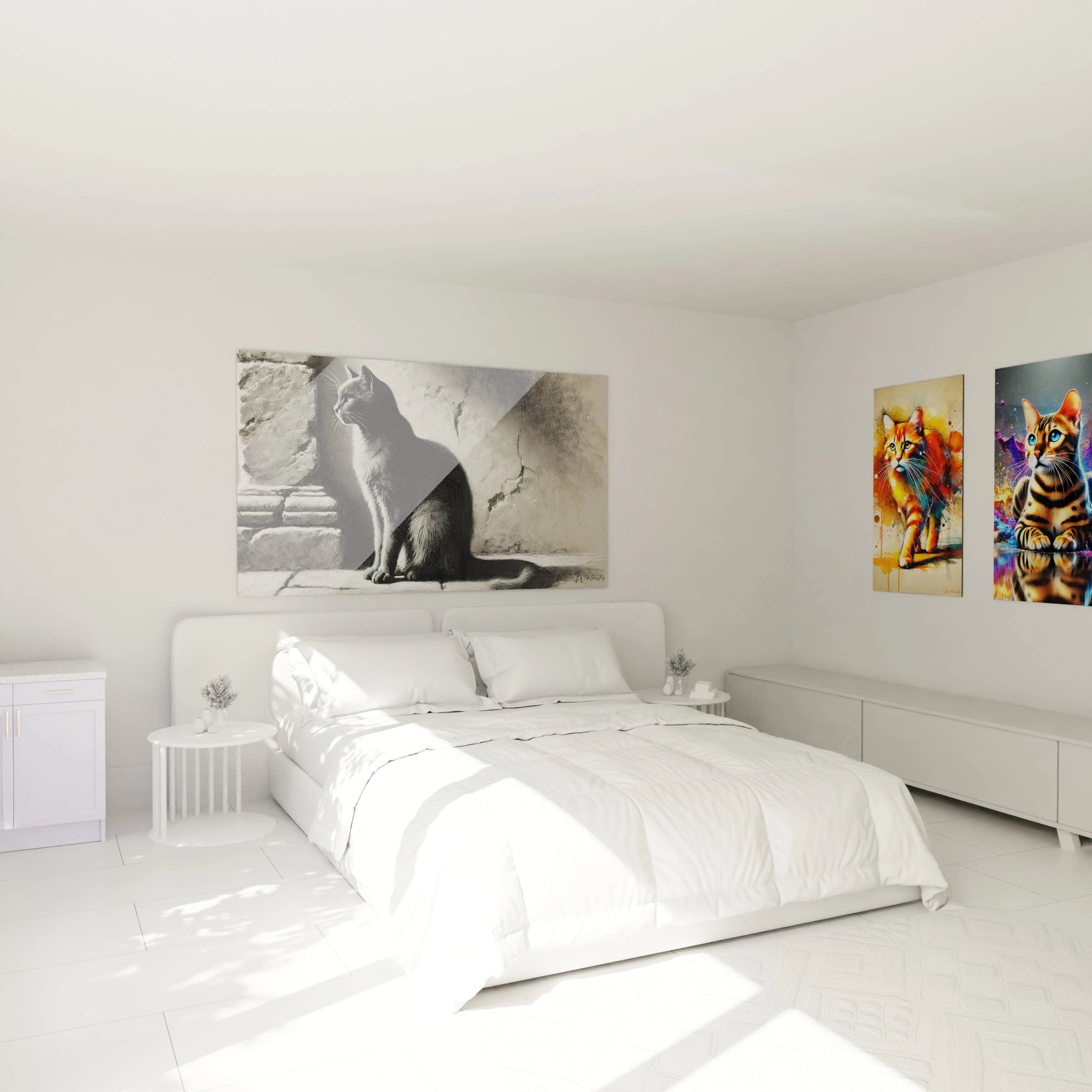 Accroché au mur au-dessus du lit, ce tableau chat en noir et blanc ajoute une ambiance sereine à votre chambre. Parfait pour une déco minimaliste et raffinée.