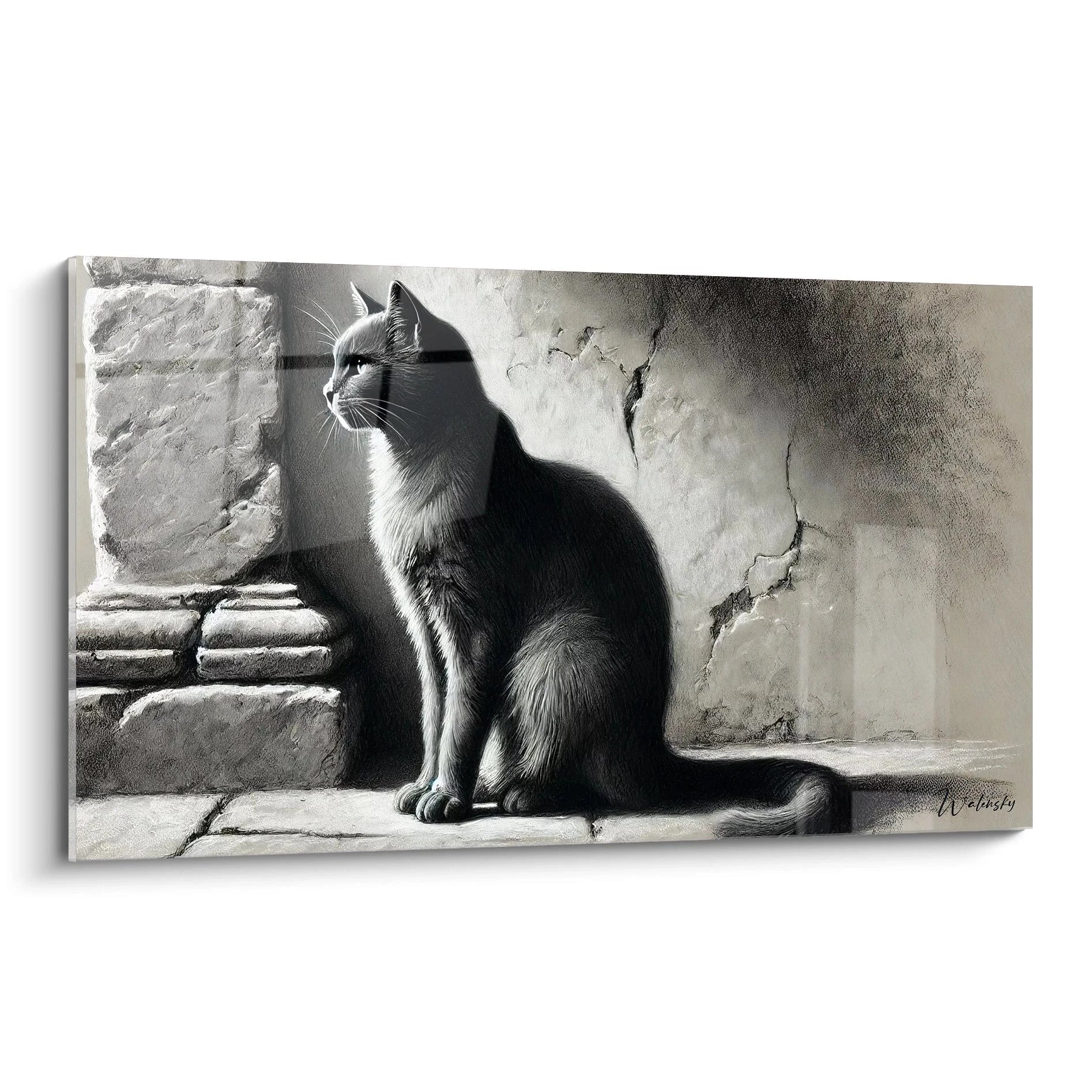Ce tableau chat en noir et blanc, vu de biais, révèle la profondeur de l'œuvre avec des détails minutieux du chat et du mur rustique. Idéal pour une décoration élégante et apaisante.