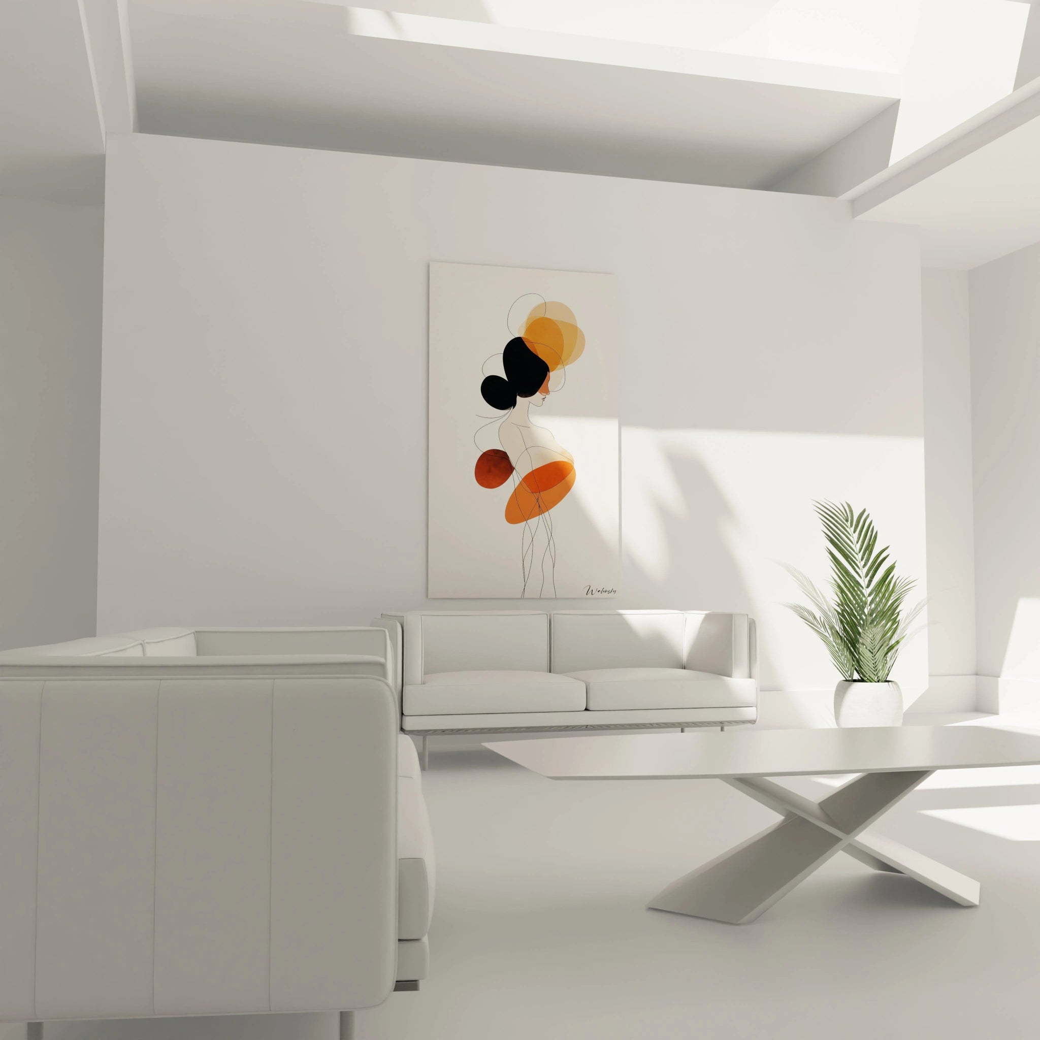 Un tableau abstrait minimaliste dans un salon contemporain, célébrant la féminité et les teintes naturelles.