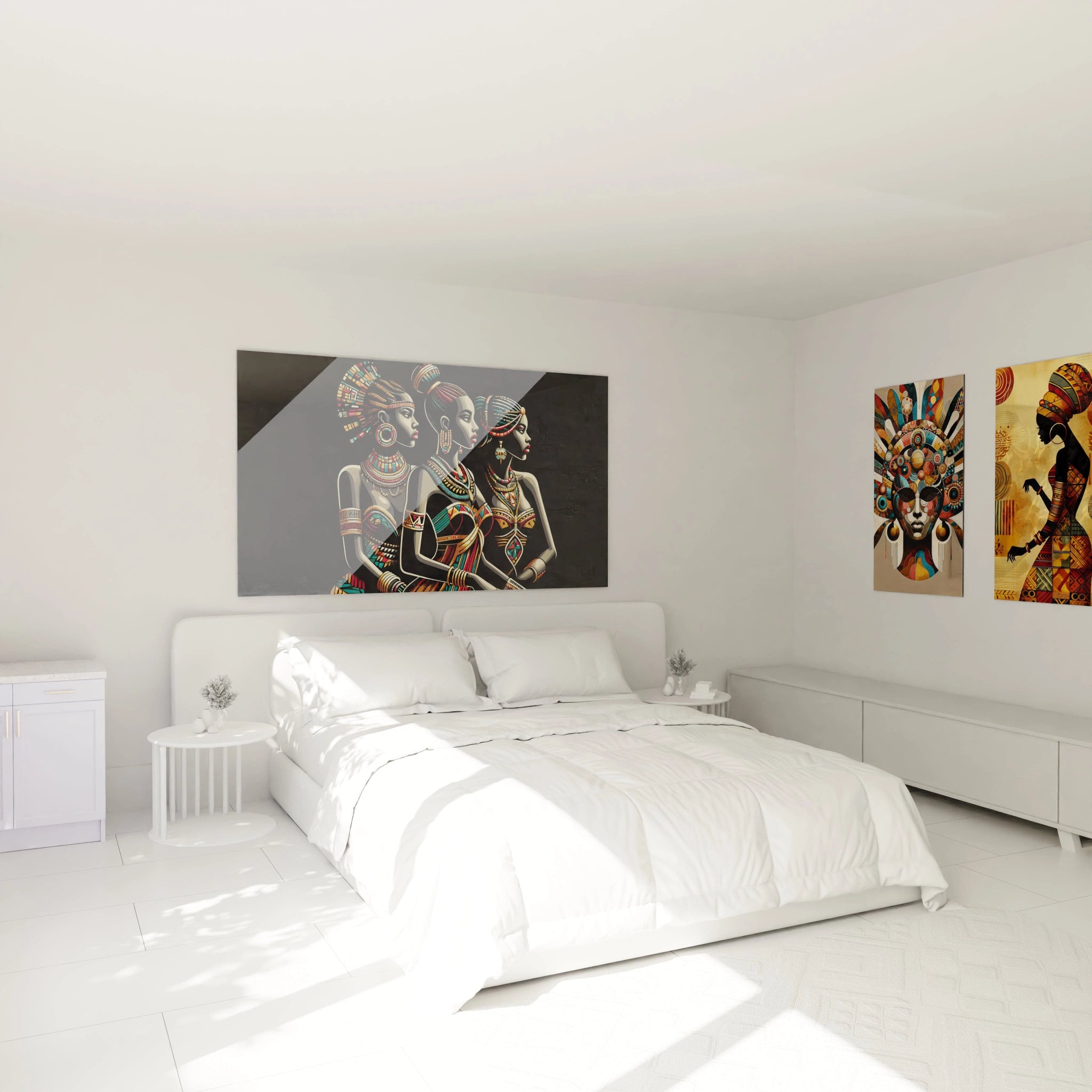 Accroché au-dessus du lit, ce tableau africain apporte une touche d’élégance avec ses motifs géométriques et ses couleurs vibrantes, symbolisant la force et la résilience des femmes africaines.
