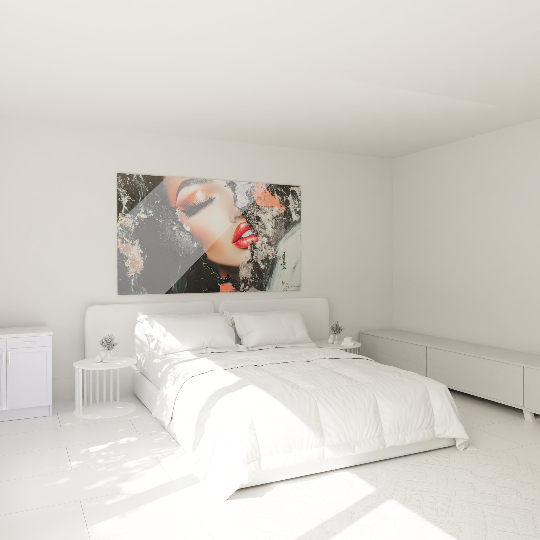 Tableau femme abstrait rouge dans chambre moderne décoration murale contemporaine