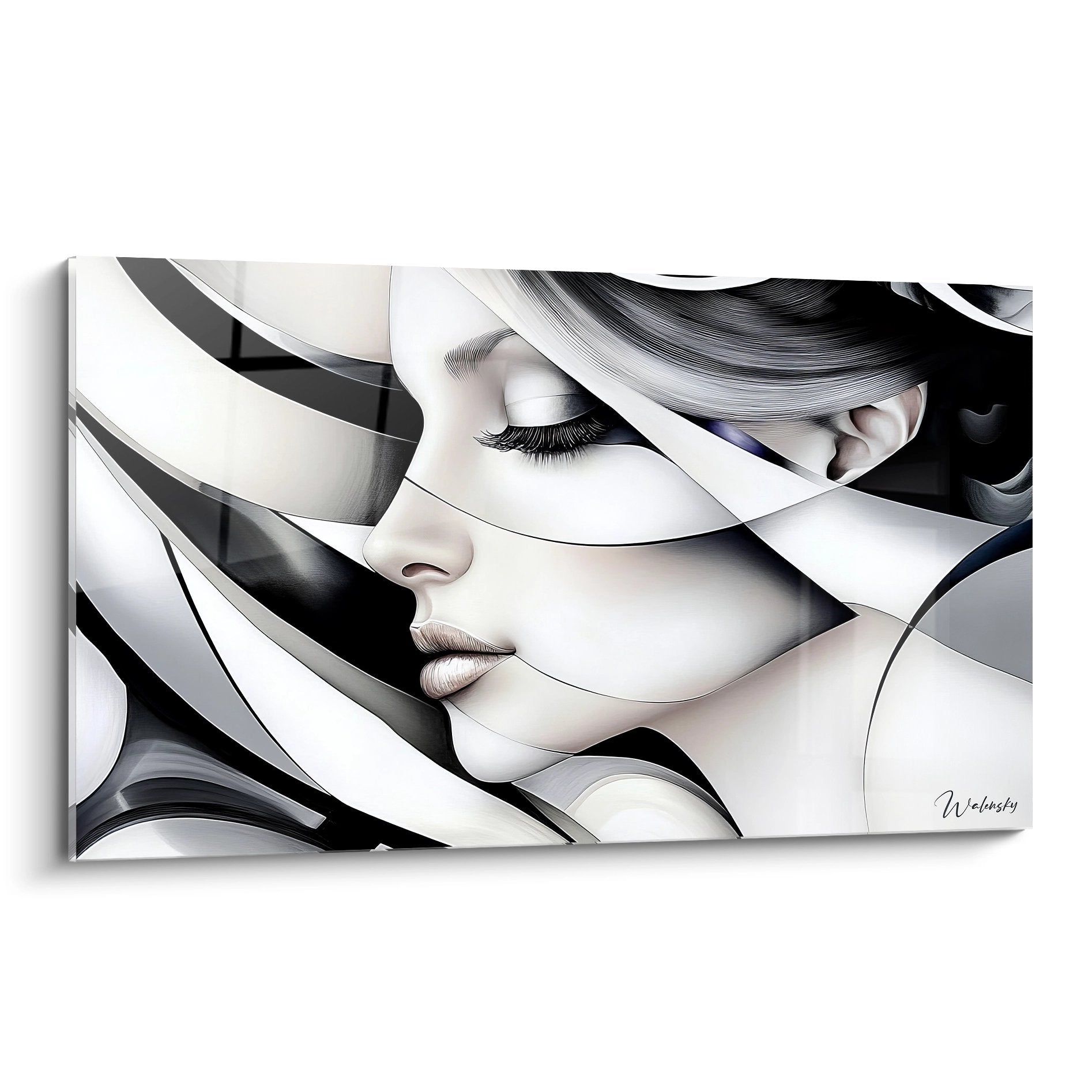 Tableau femme abstraite moderne noir et blanc aux formes géométriques courbes pour décoration murale