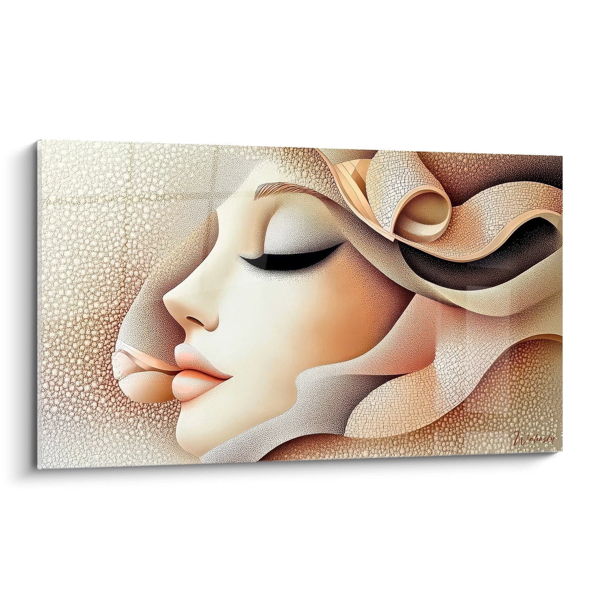 Tableau mural femme abstraite rubans dorés profil élégant décoration moderne