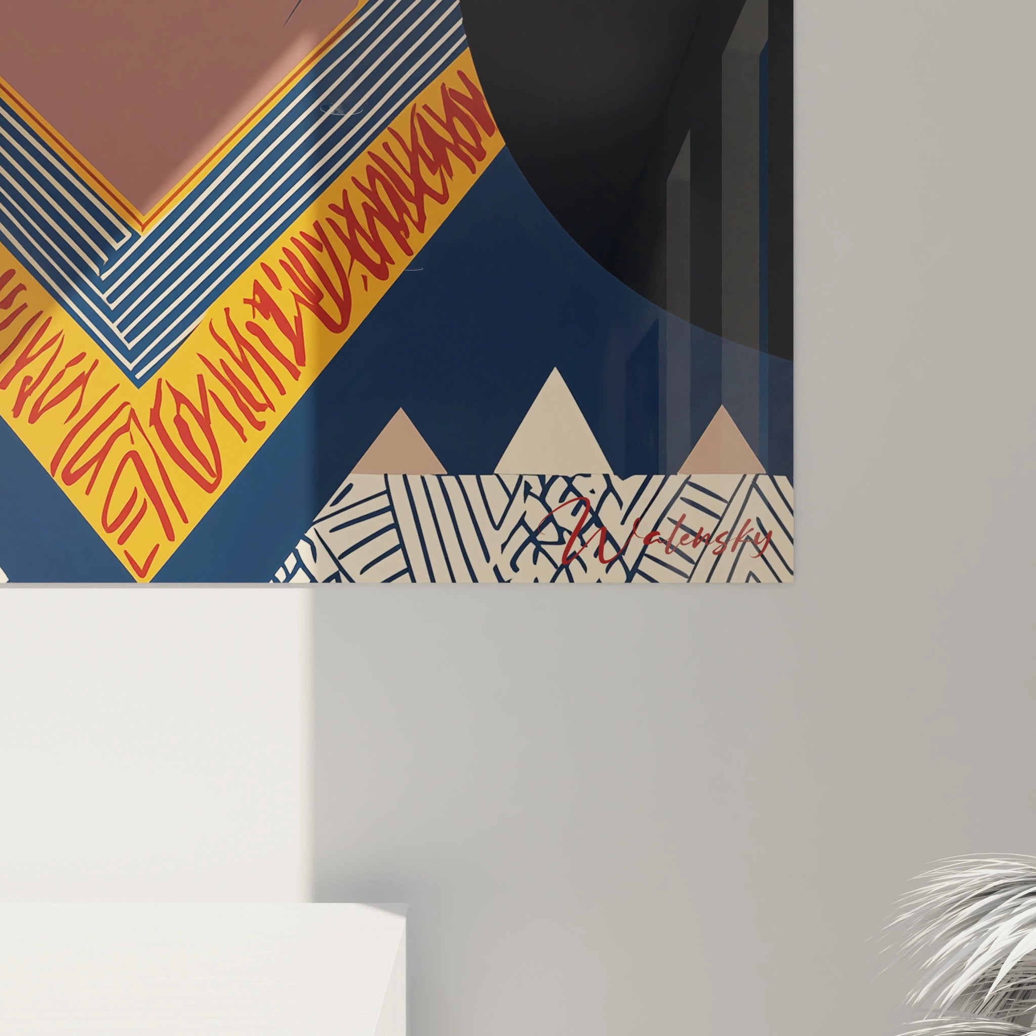 Détail de tableau africain mural coloré par Walensky avec motifs géométriques et traits abstraits