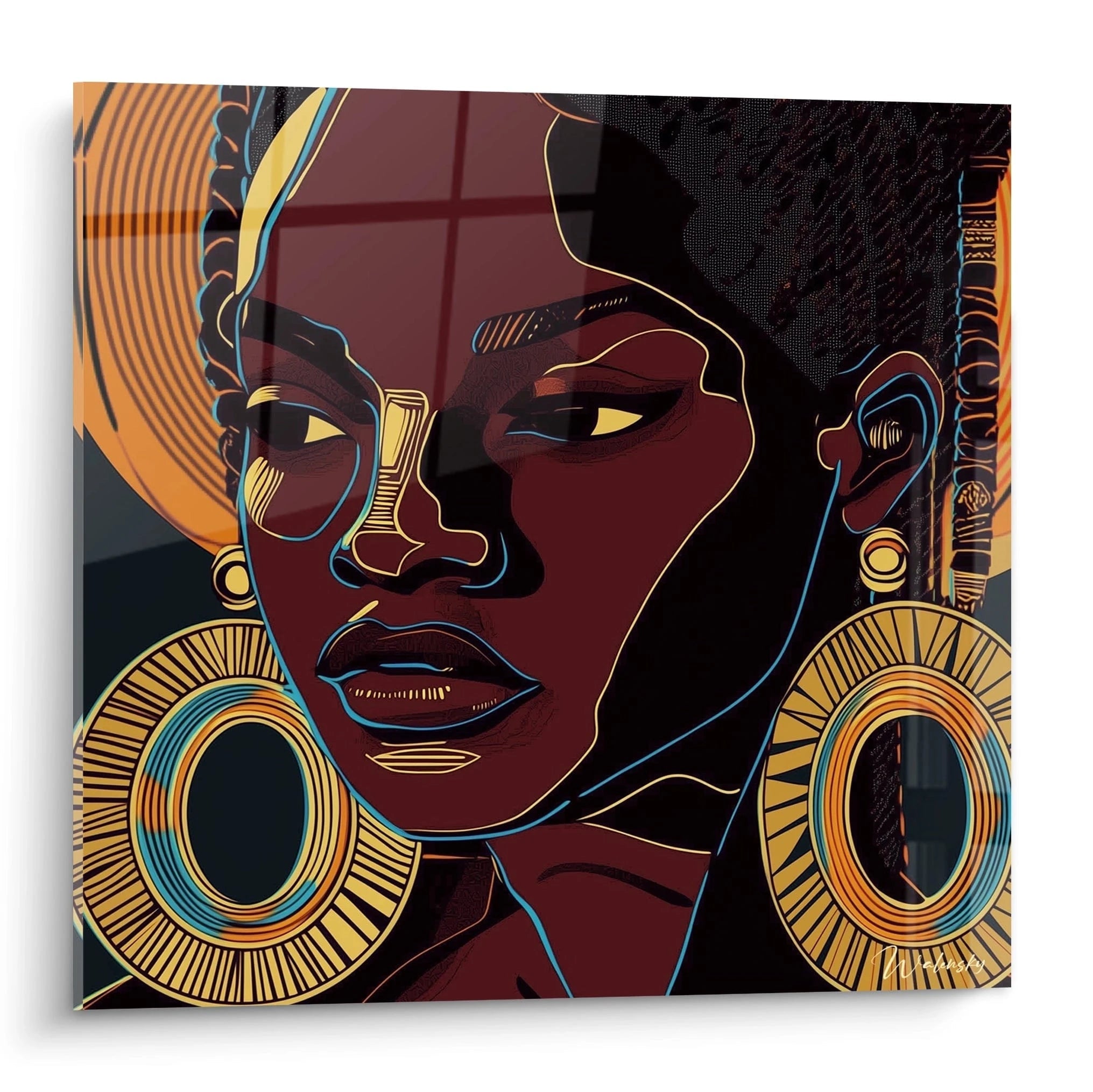 Tableau africain mural Walensky portrait femme avec grandes boucles d'oreilles dorées et design artistique coloré
