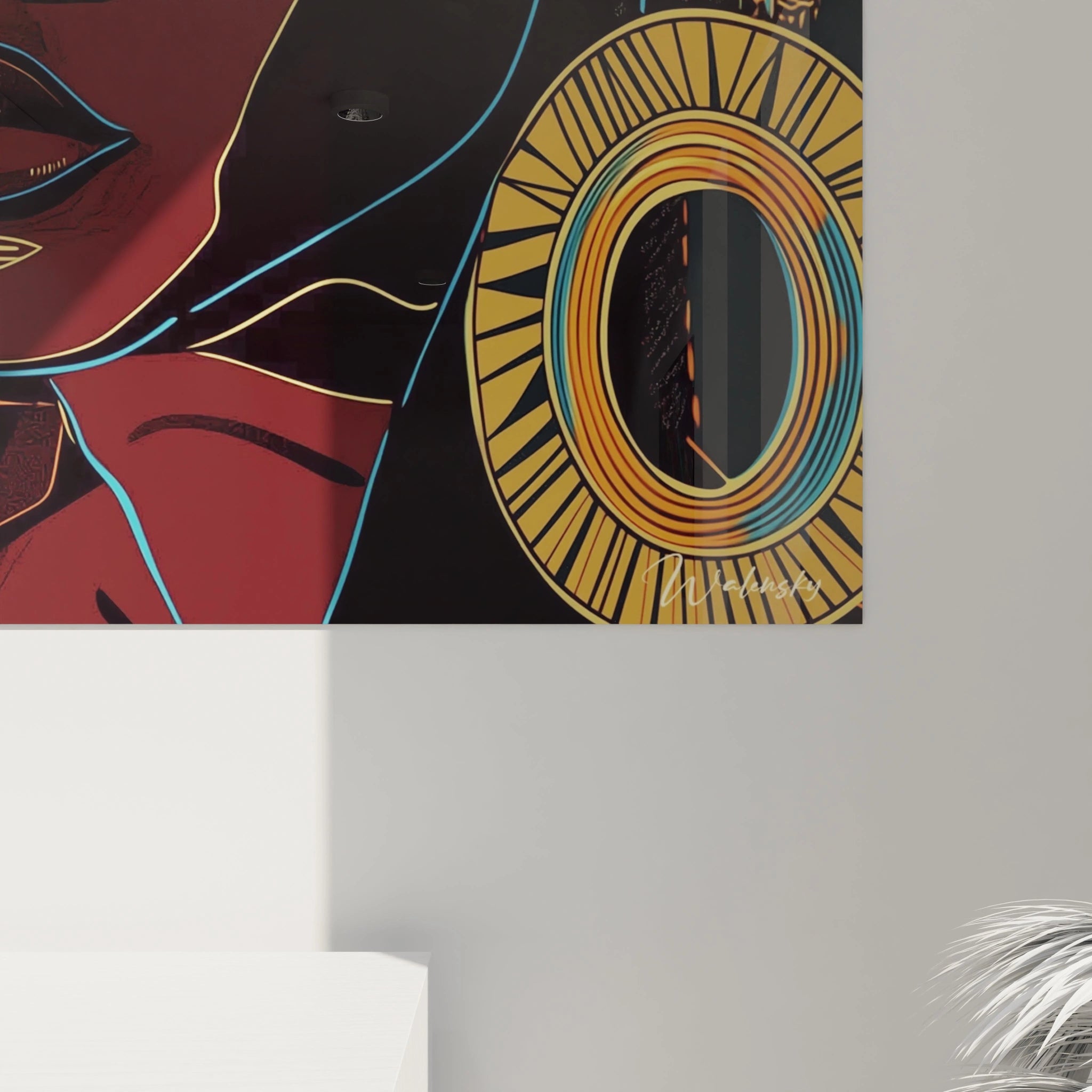 Tableau africain mural Walensky avec motif coloré et détails dorés sur fond noir