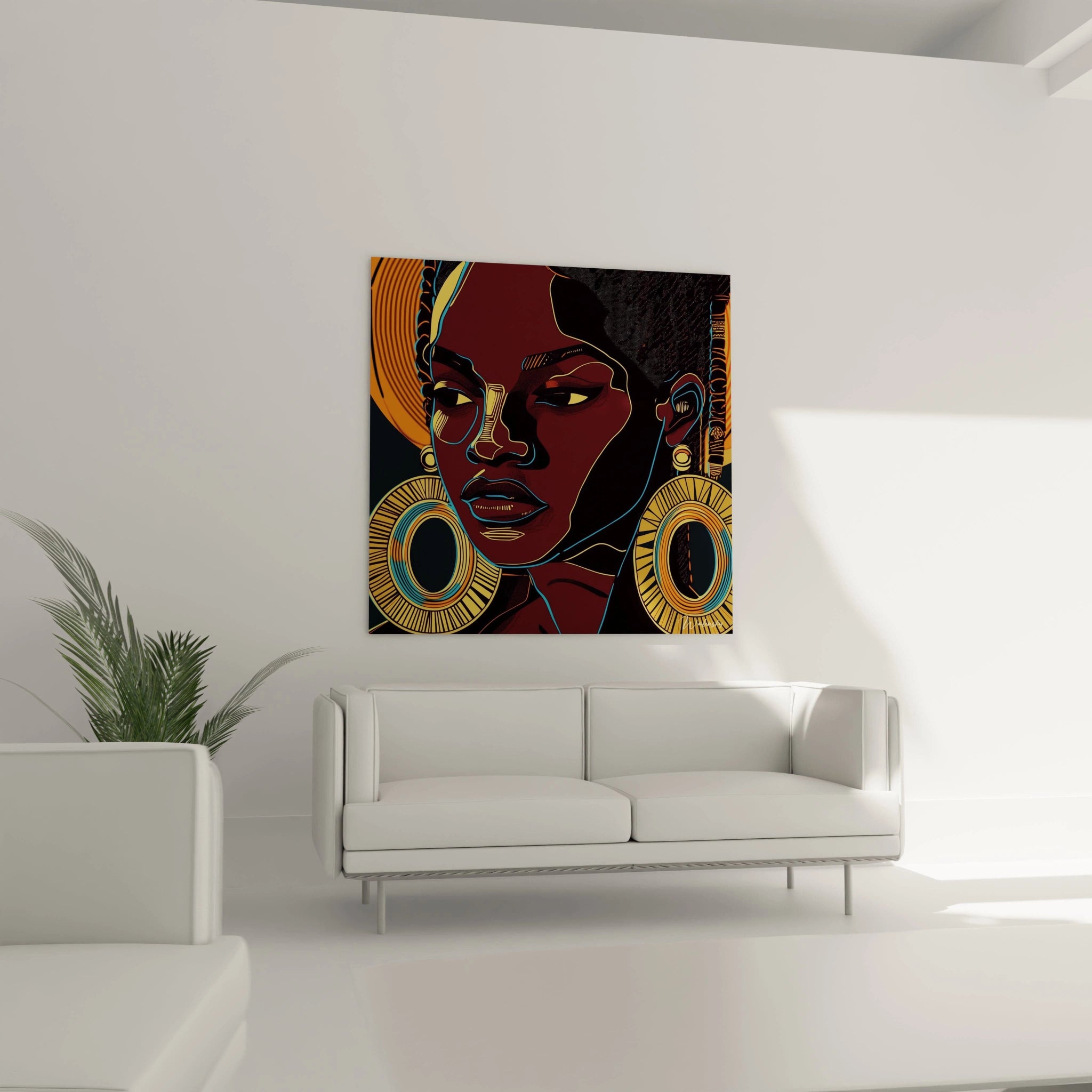 Tableau africain mural Walensky représentant un flamant rose coloré accroché au-dessus d'un canapé blanc moderne