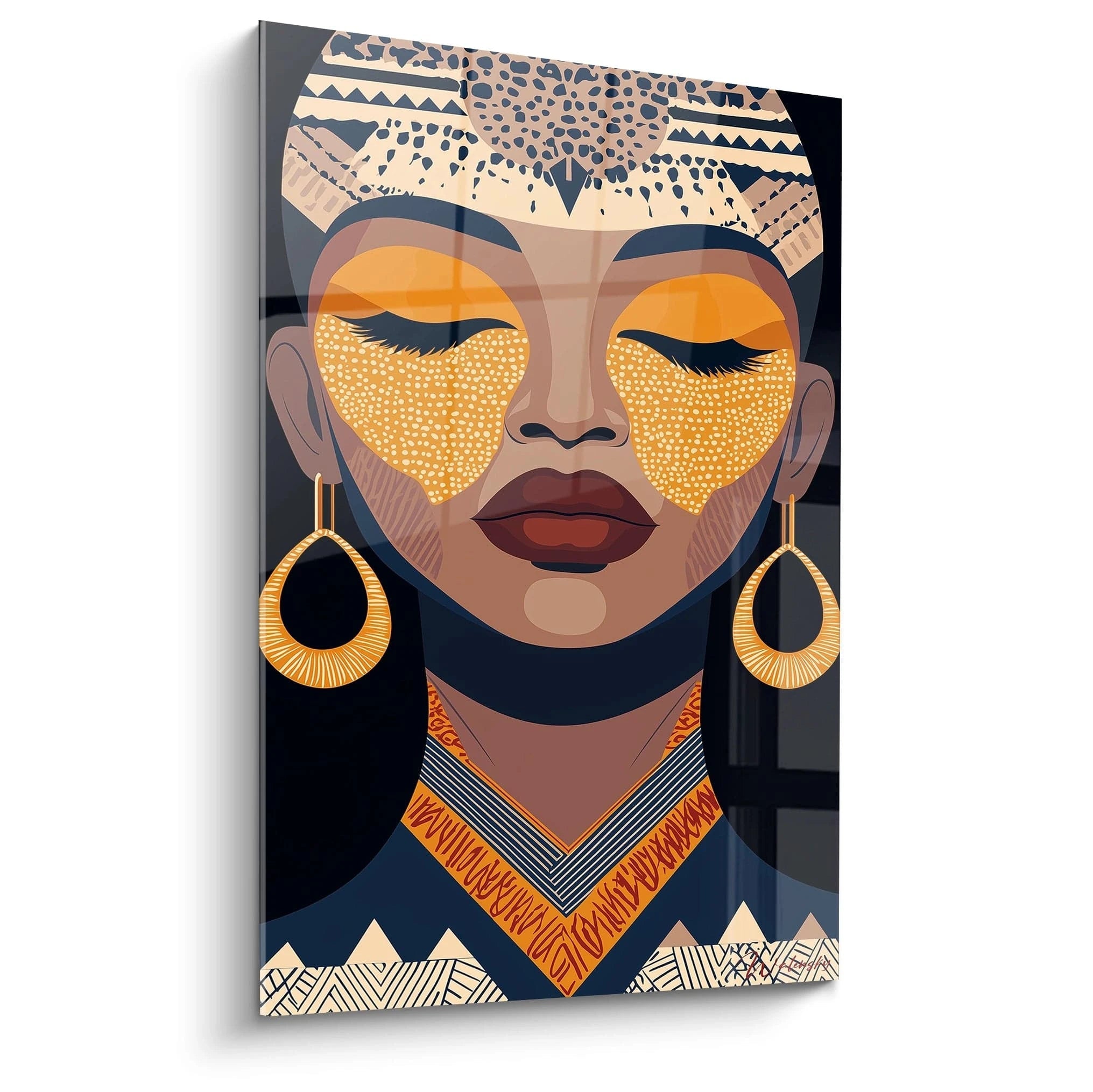 Tableau africain mural Walensky représentant portrait stylisé femme aux yeux fermés avec bijoux et maquillage orange