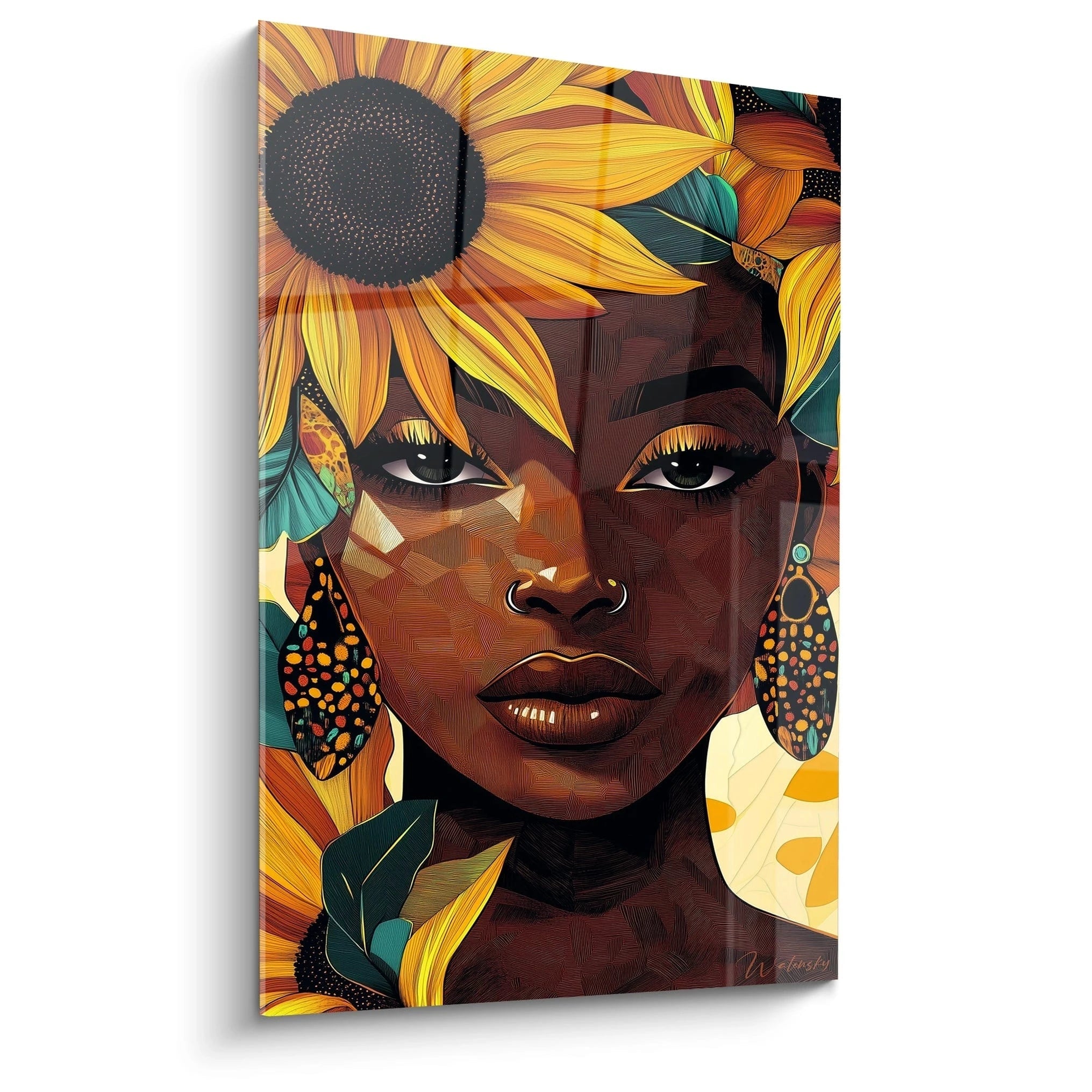 Tableau africain mural Walensky représentant un portrait féminin avec tournesols et bijoux colorés