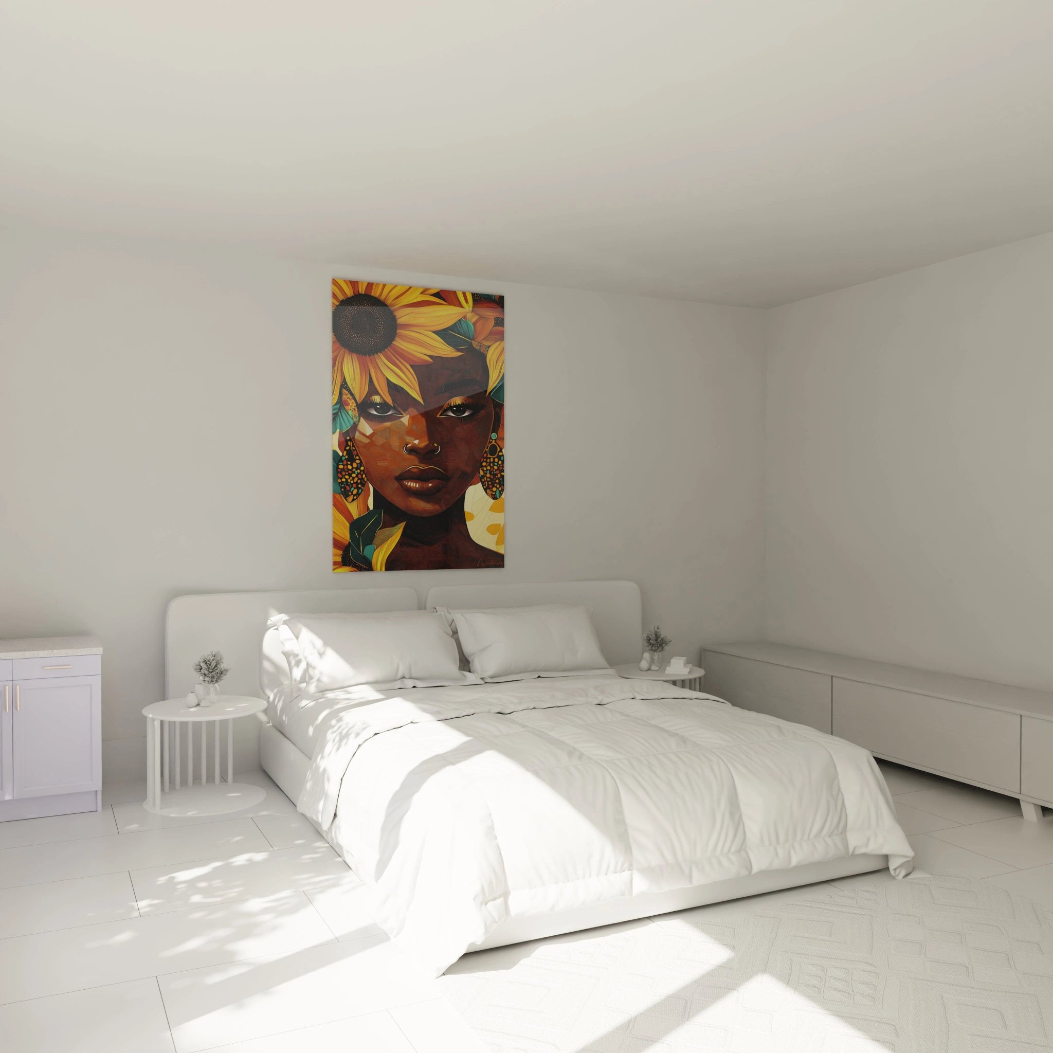 Tableau africain mural Walensky avec papillons bleus accroché dans une chambre moderne blanche