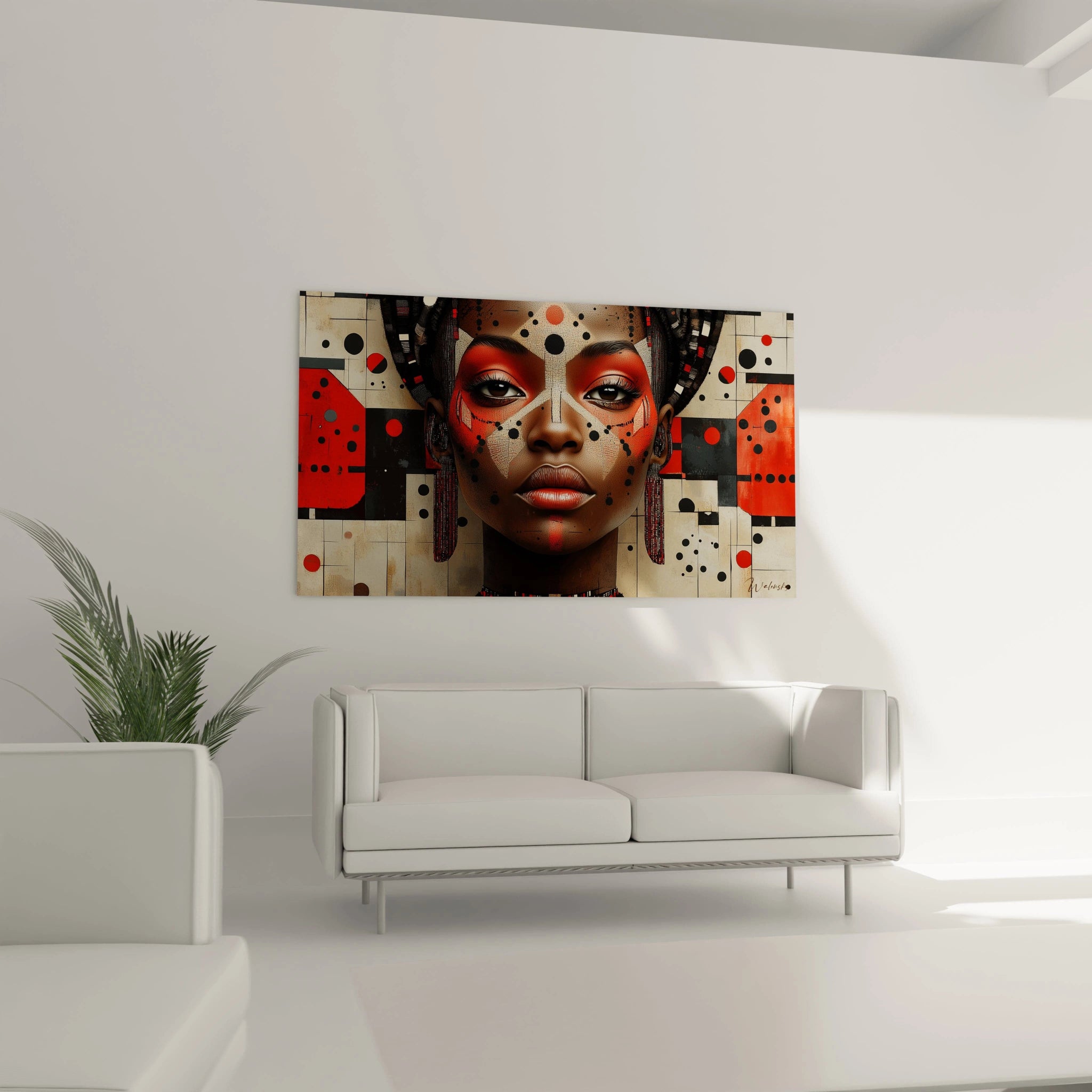 Tableau africain mural Walensky représentant un portrait féminin coloré et moderne en rouge et noir