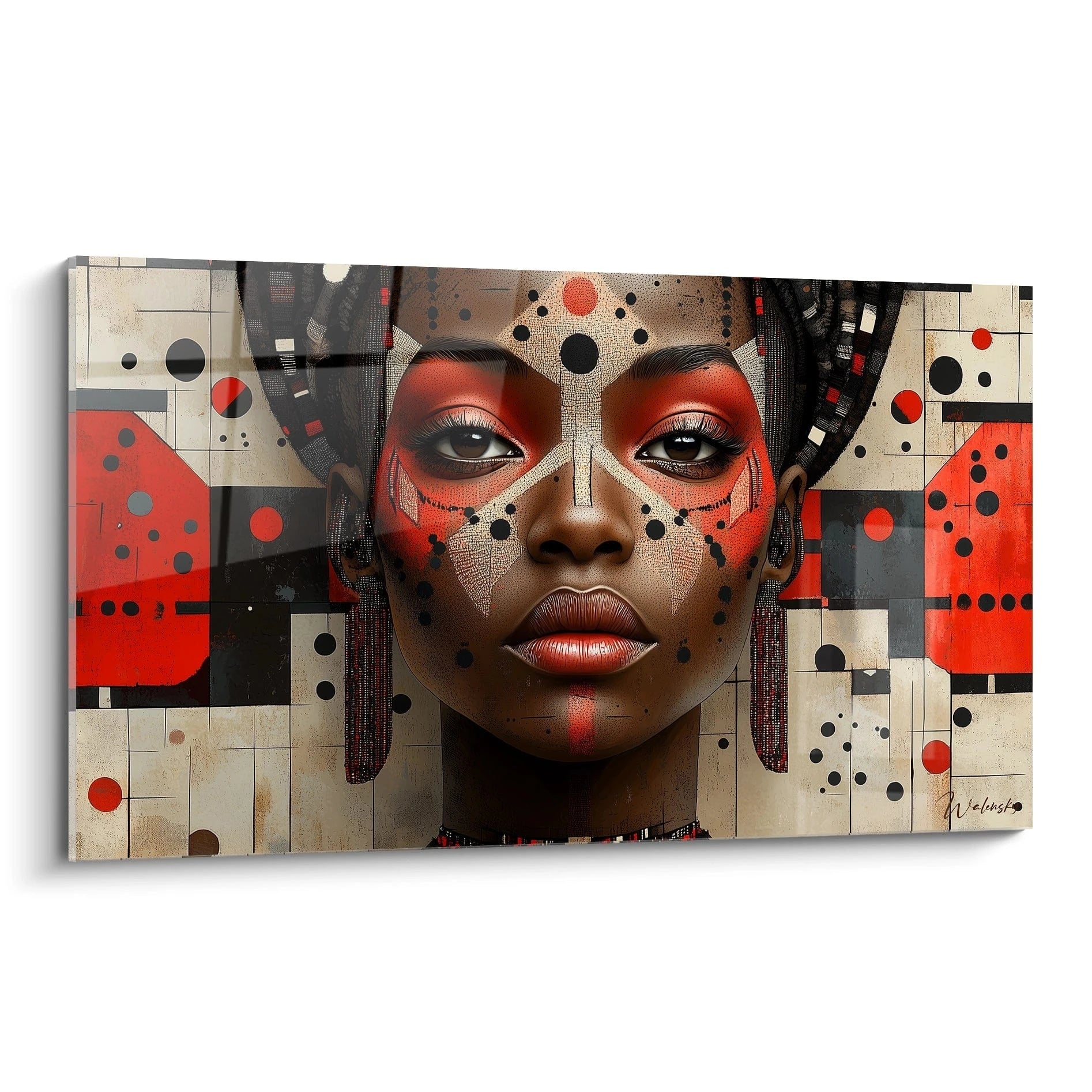 Tableau africain mural Walensky représentant un portrait féminin aux motifs traditionnels rouges et noirs