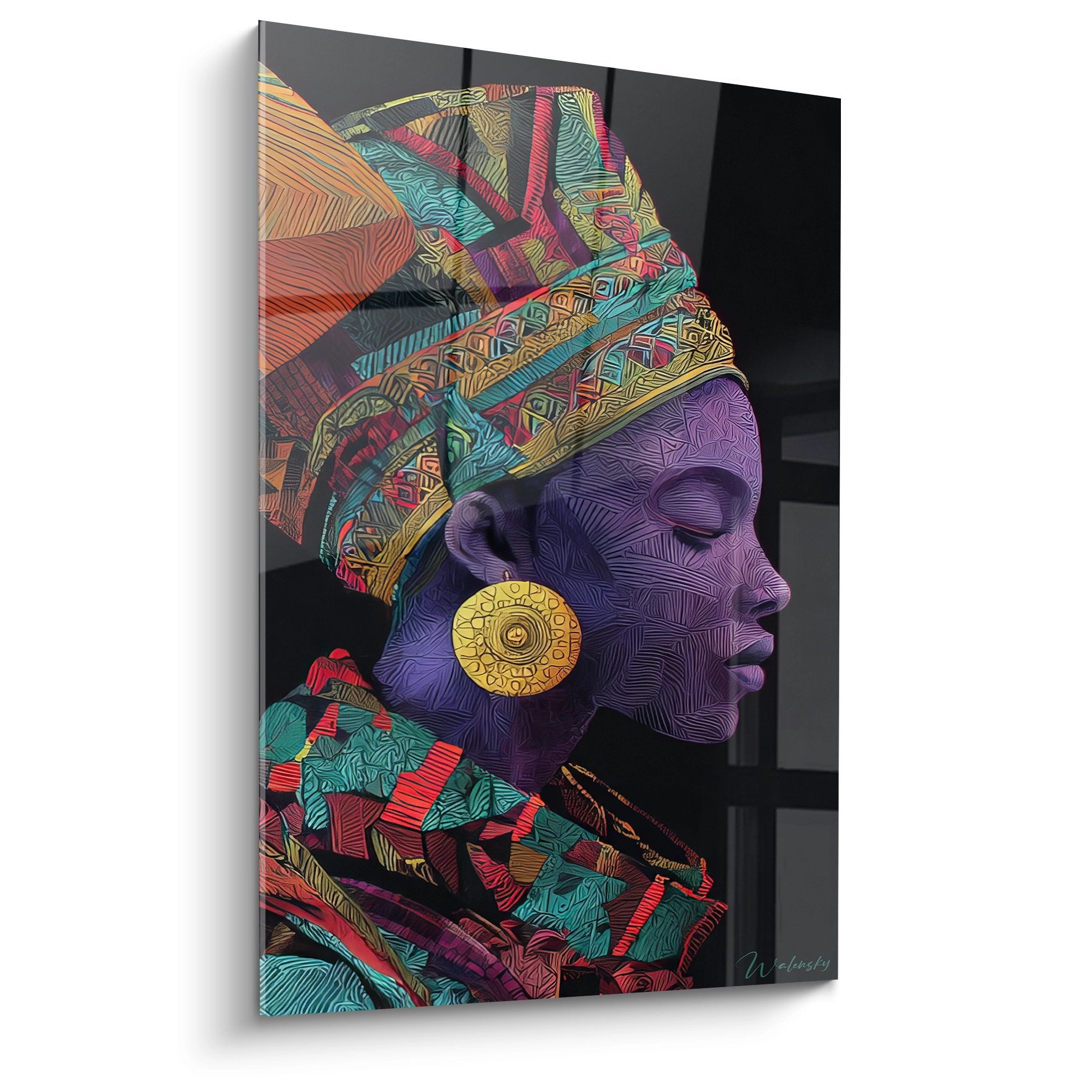 Tableau mural femme africaine colorée aux motifs tribaux, portrait moderne violet et multicolore