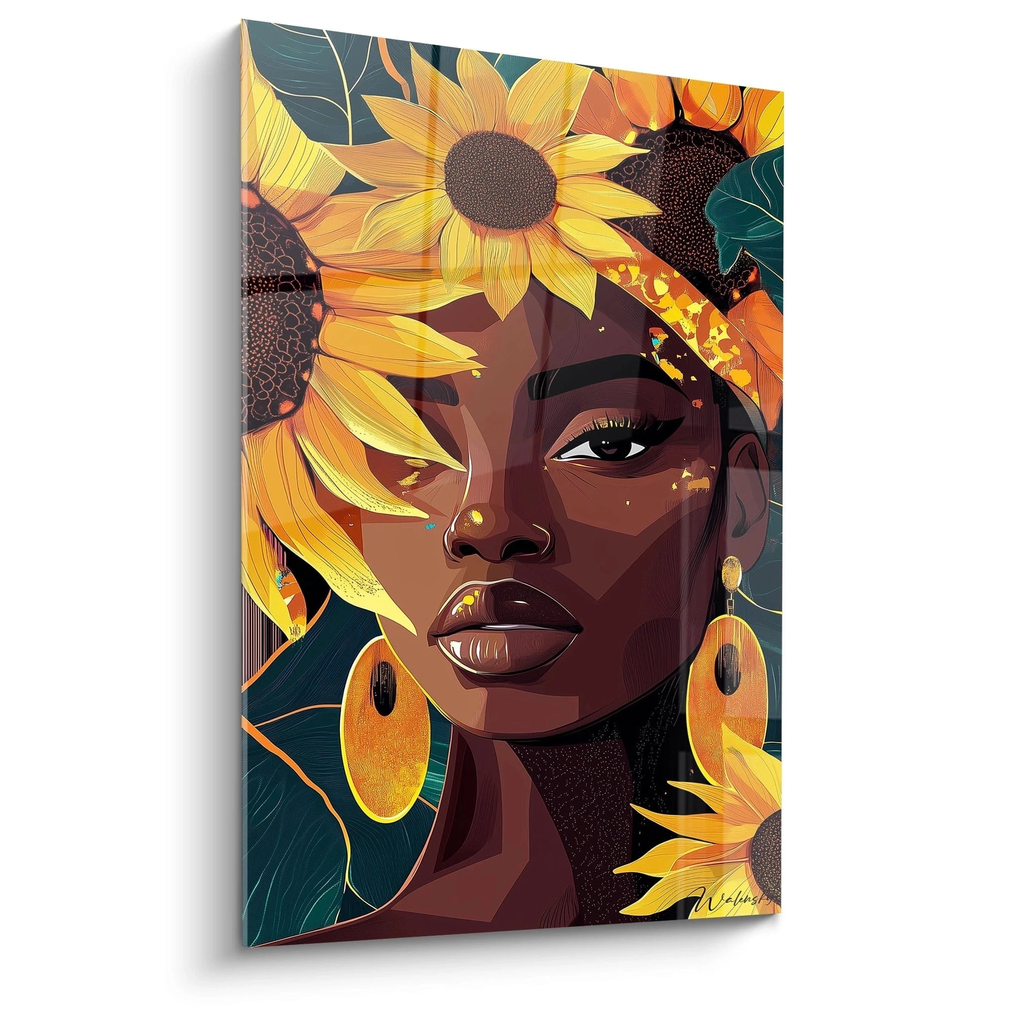 Tableau africain mural représentant une femme avec des tournesols lumineux et des feuilles vertes